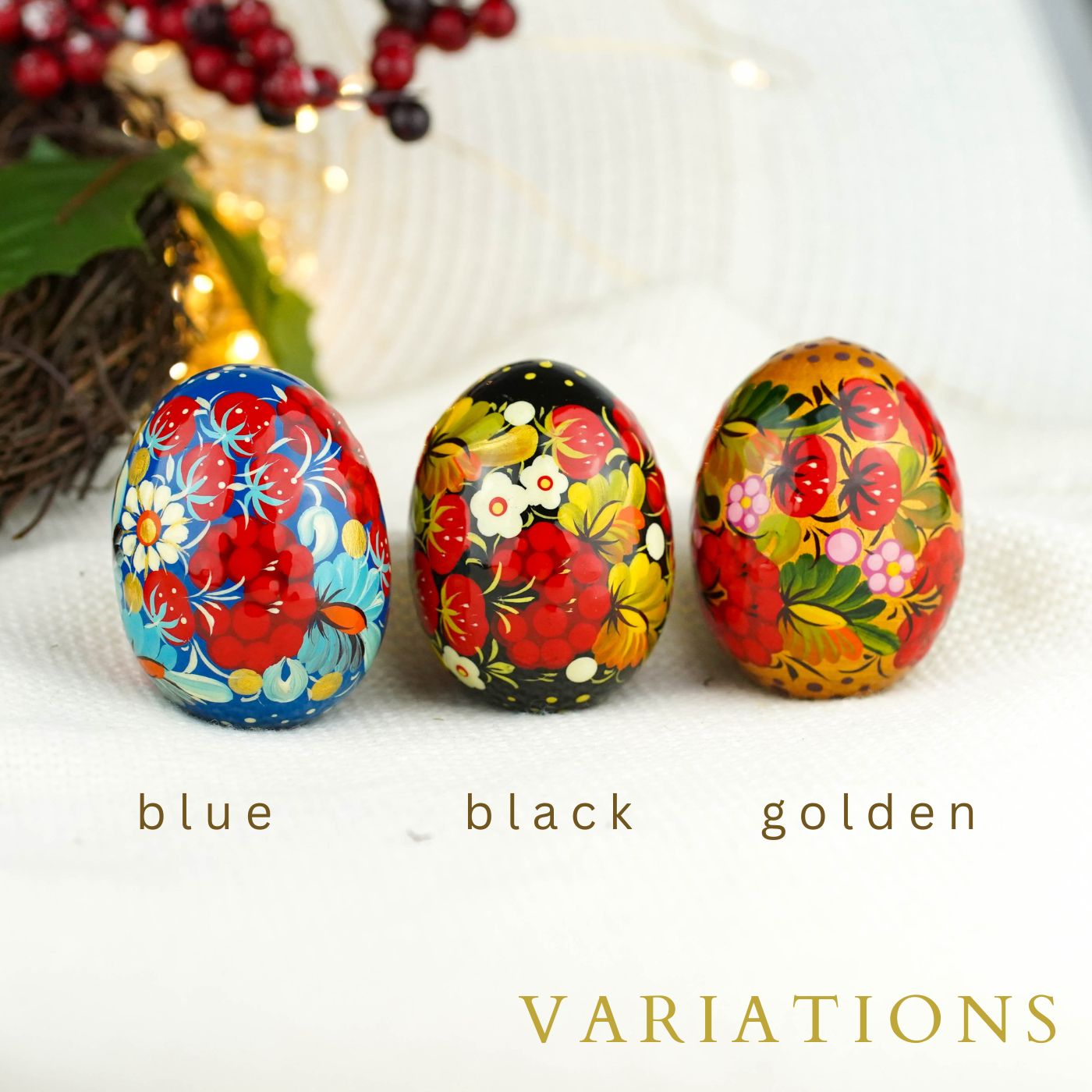 Hand-painted wooden Strawberry Easter egg - Petrykivka art egg