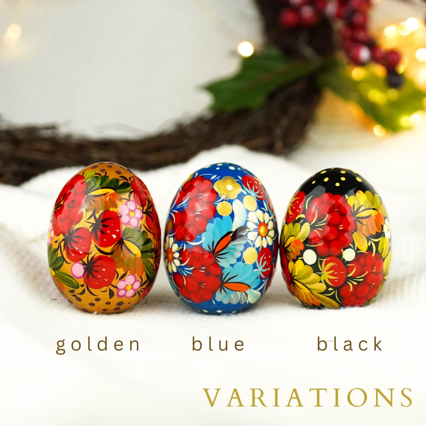 Hand-painted wooden Strawberry Easter egg - Ukrainian pysanky egg