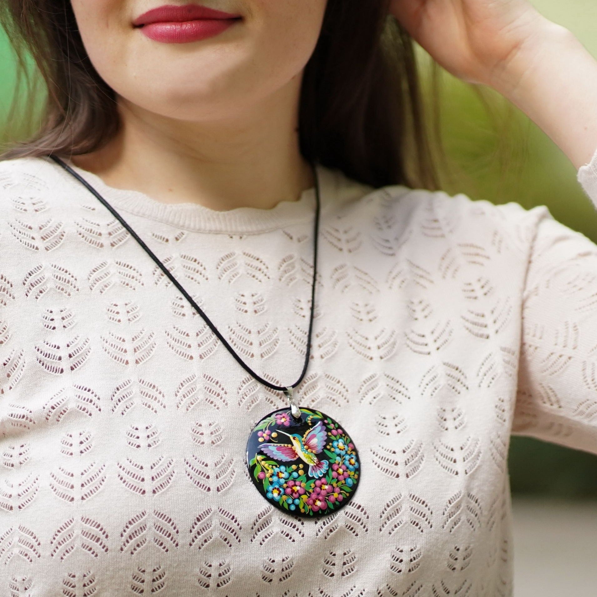 Painted Wooden Hummingbird Pendant Necklace - Artisanal Large Circle Statement Necklace