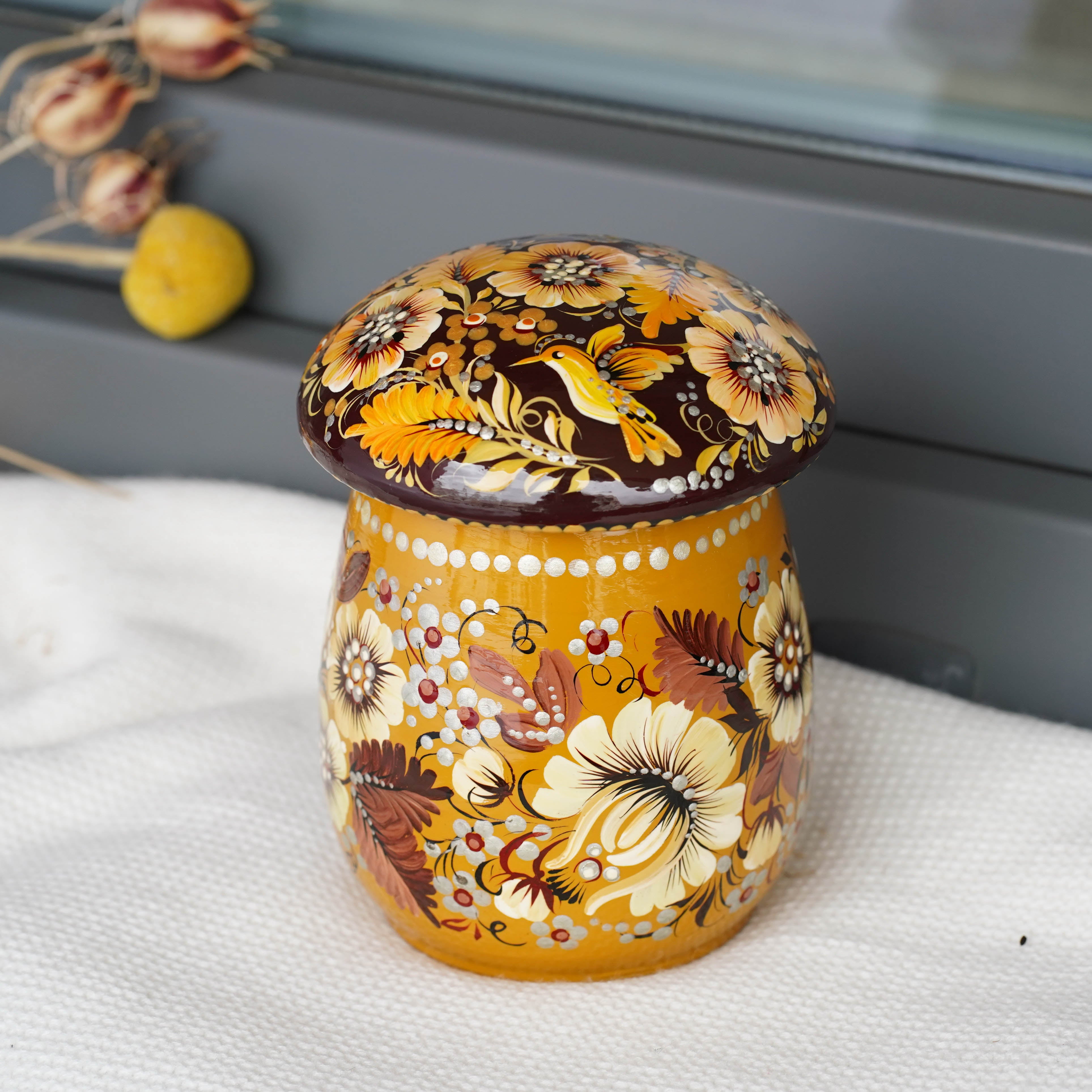 Painted Wooden Jar with Lid - Beige Flower Mushroom-shaped Hummingbird Kitchen Canister, Petrykivka Art