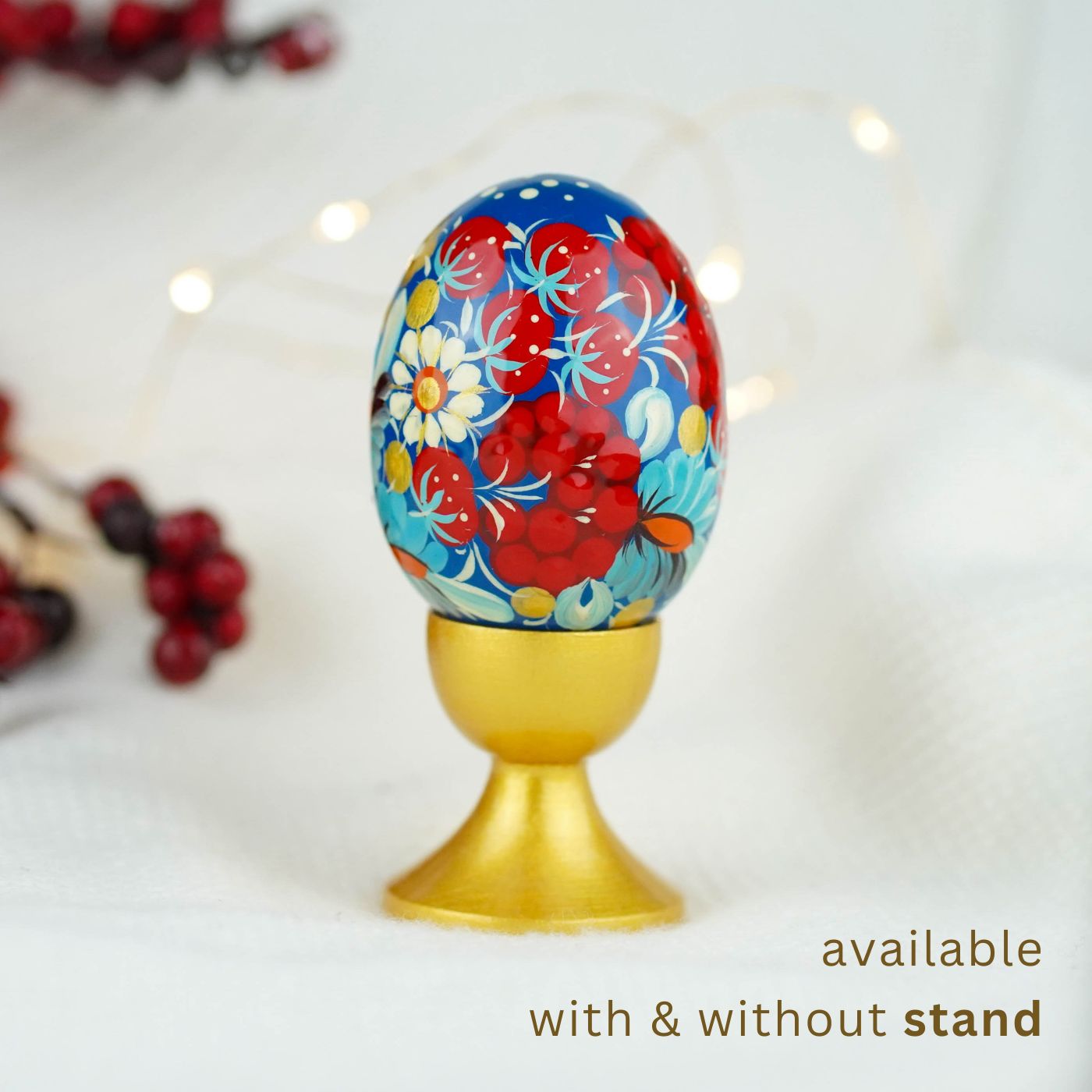 Hand-painted wooden Strawberry Easter egg - Petrykivka art egg