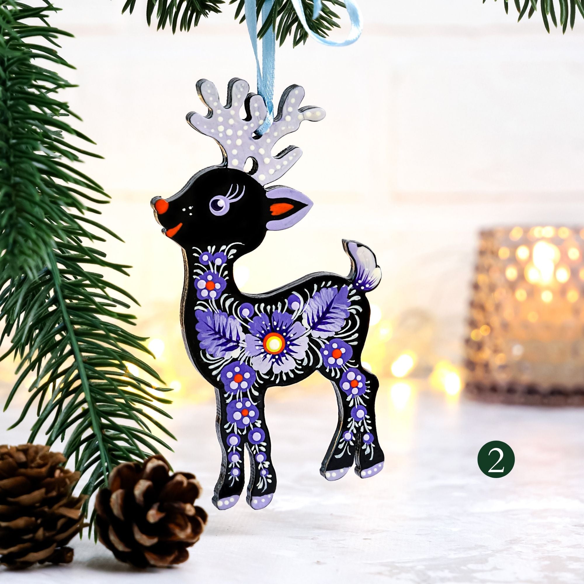 Hand-painted Wooden Deer Christmas Ornament with Petrykivka Art
