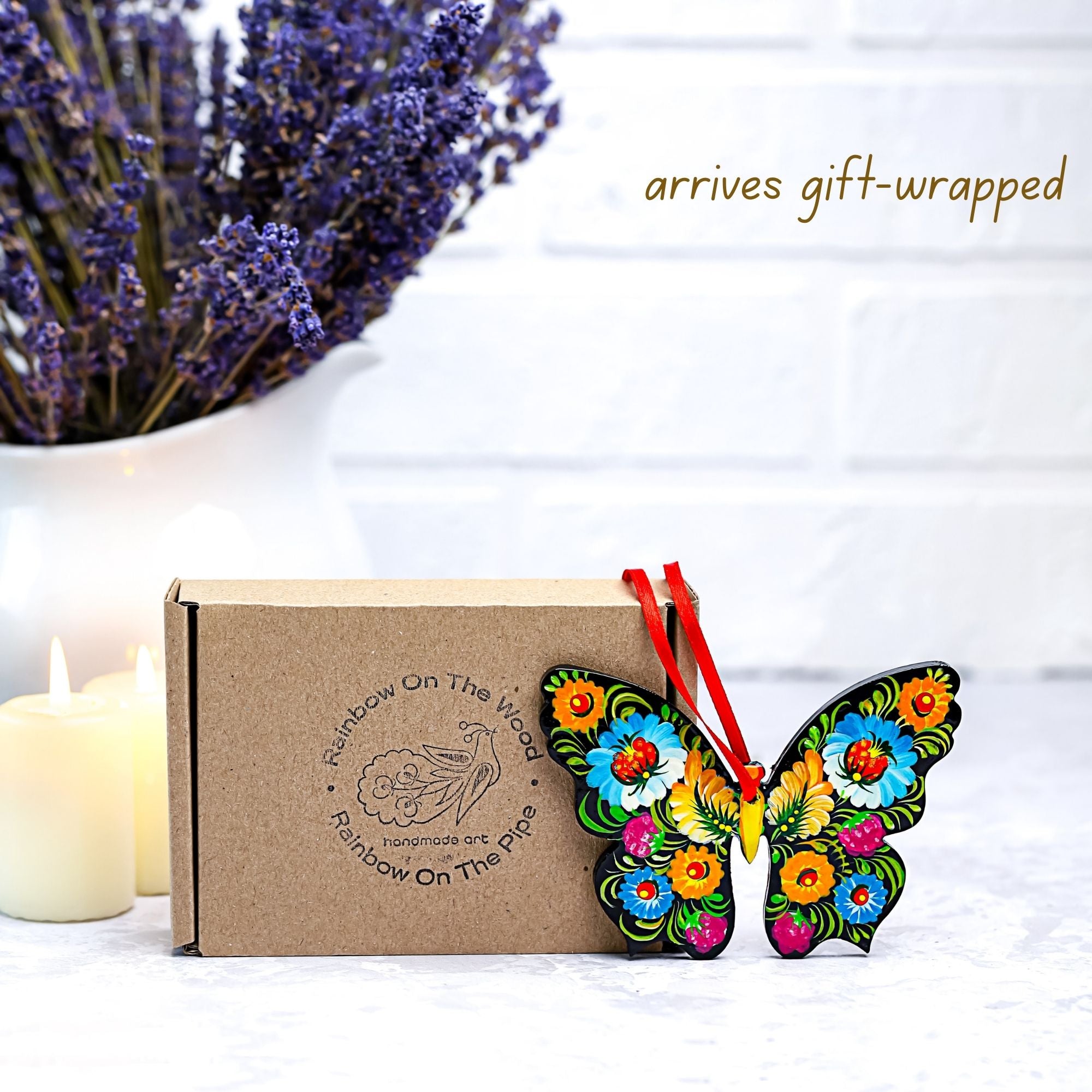 Personalized Hand-painted Wooden Butterfly Christmas Ornament with Petrykivka Art