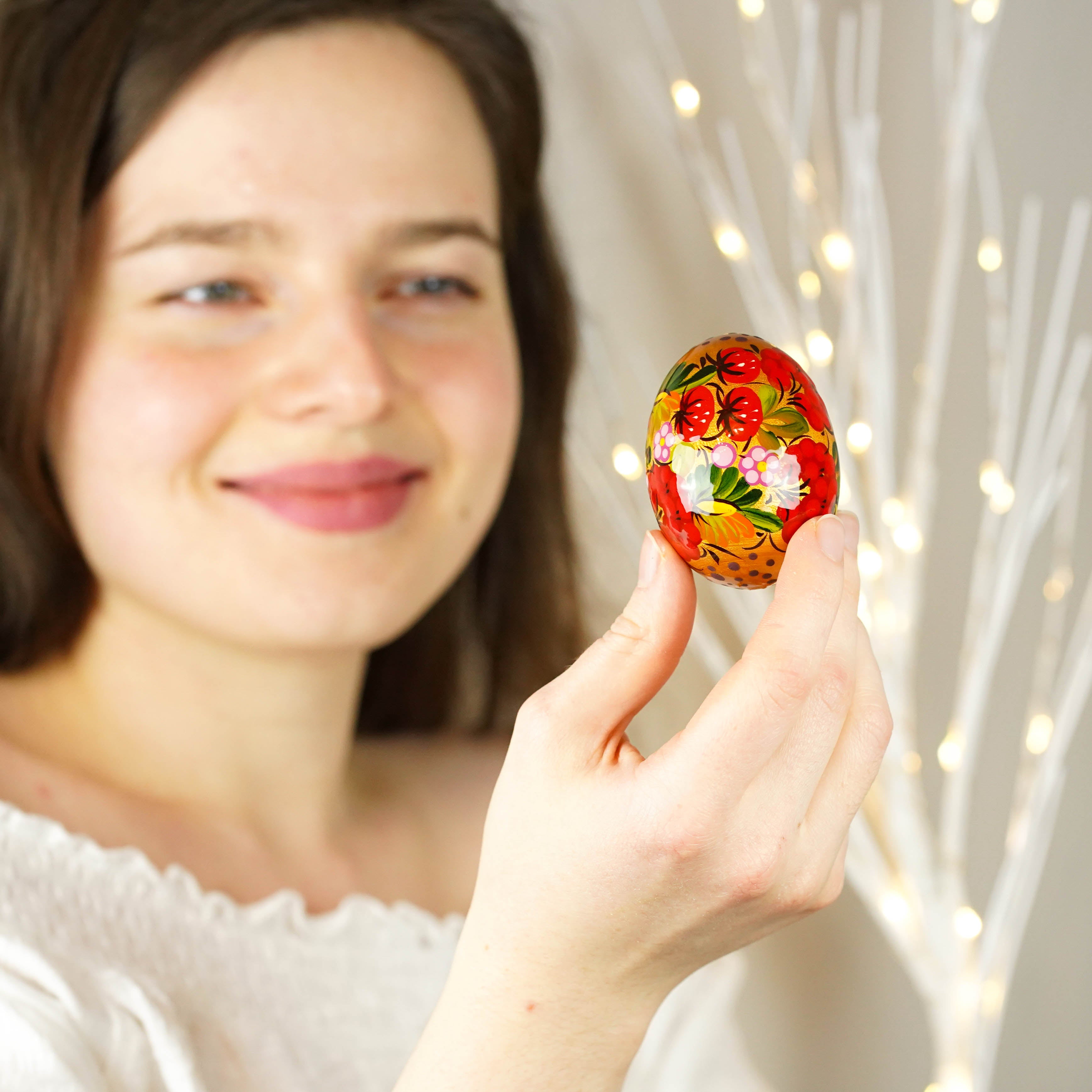 Hand-painted strawberry wooden Easter egg - Unique Petrykivka egg