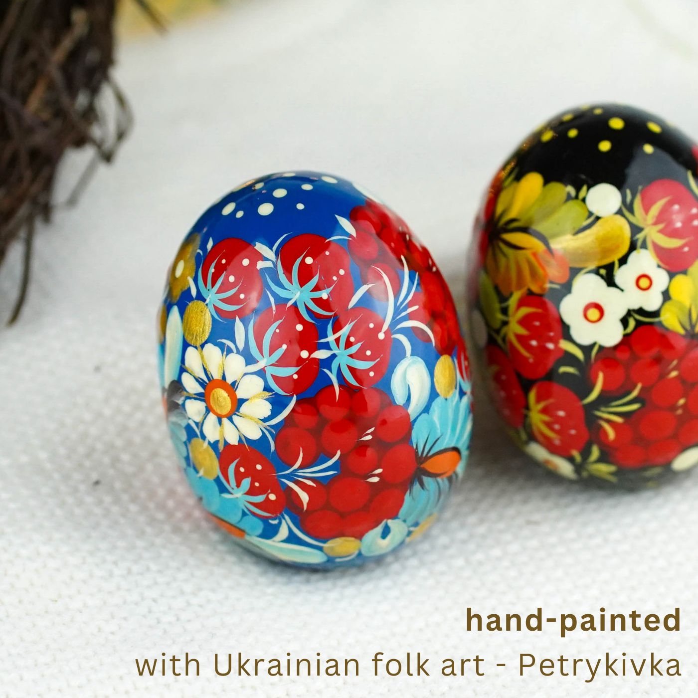 Hand-painted wooden Strawberry Easter egg - Petrykivka art egg