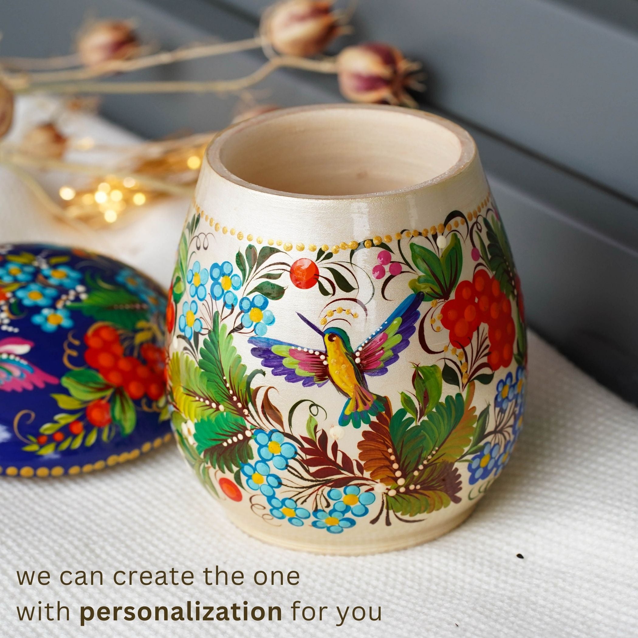 Painted Wooden Hummingbird Jewelry Box 5.1 in, Mushroom-shaped - Petrykivka Art Bird Flower Trinket Box