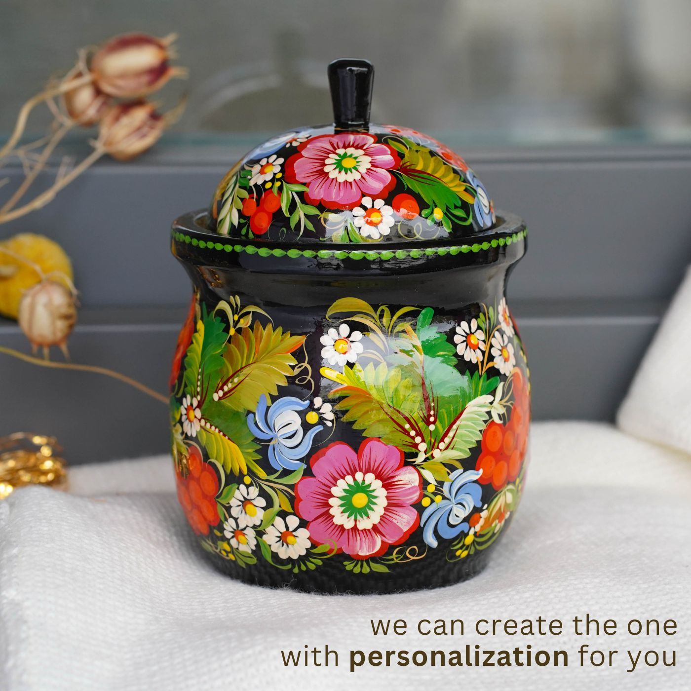 Painted Wooden Jar with Lid - Artisanal Red Flower Kitchen Canister, Petrykivka Art