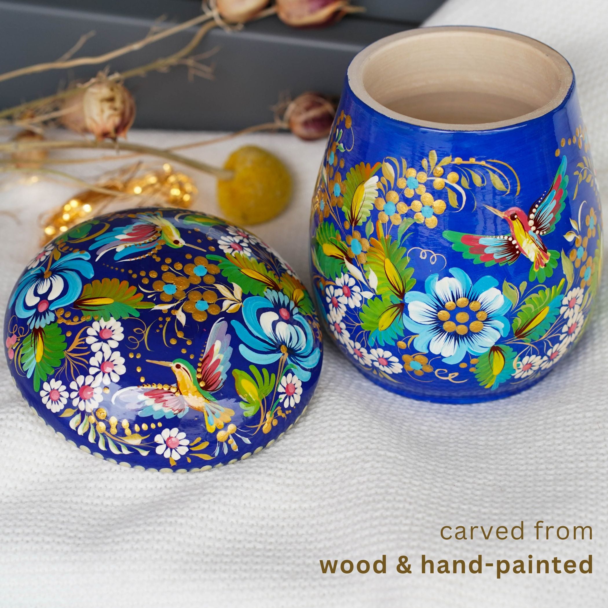 Painted Wooden Jar with Lid - Blue Floral Mushroom-shaped Hummingbird Kitchen Canister, Petrykivka Art