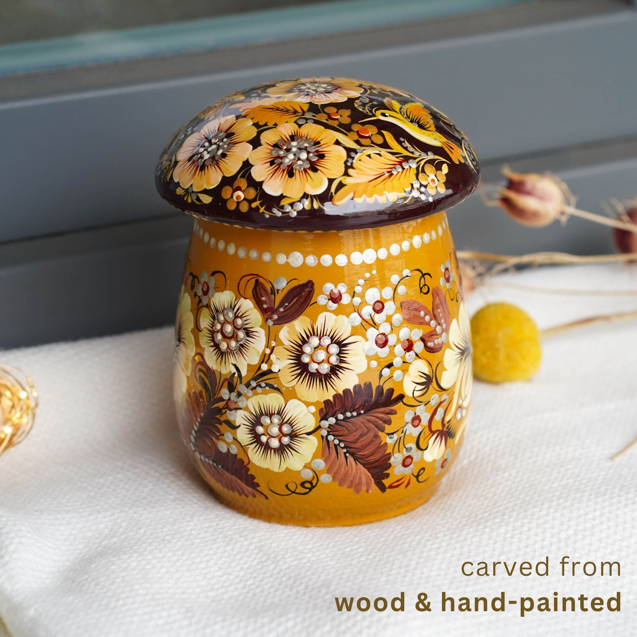 Painted Wooden Jar with Lid - Beige Flower Mushroom-shaped Hummingbird Kitchen Canister, Petrykivka Art