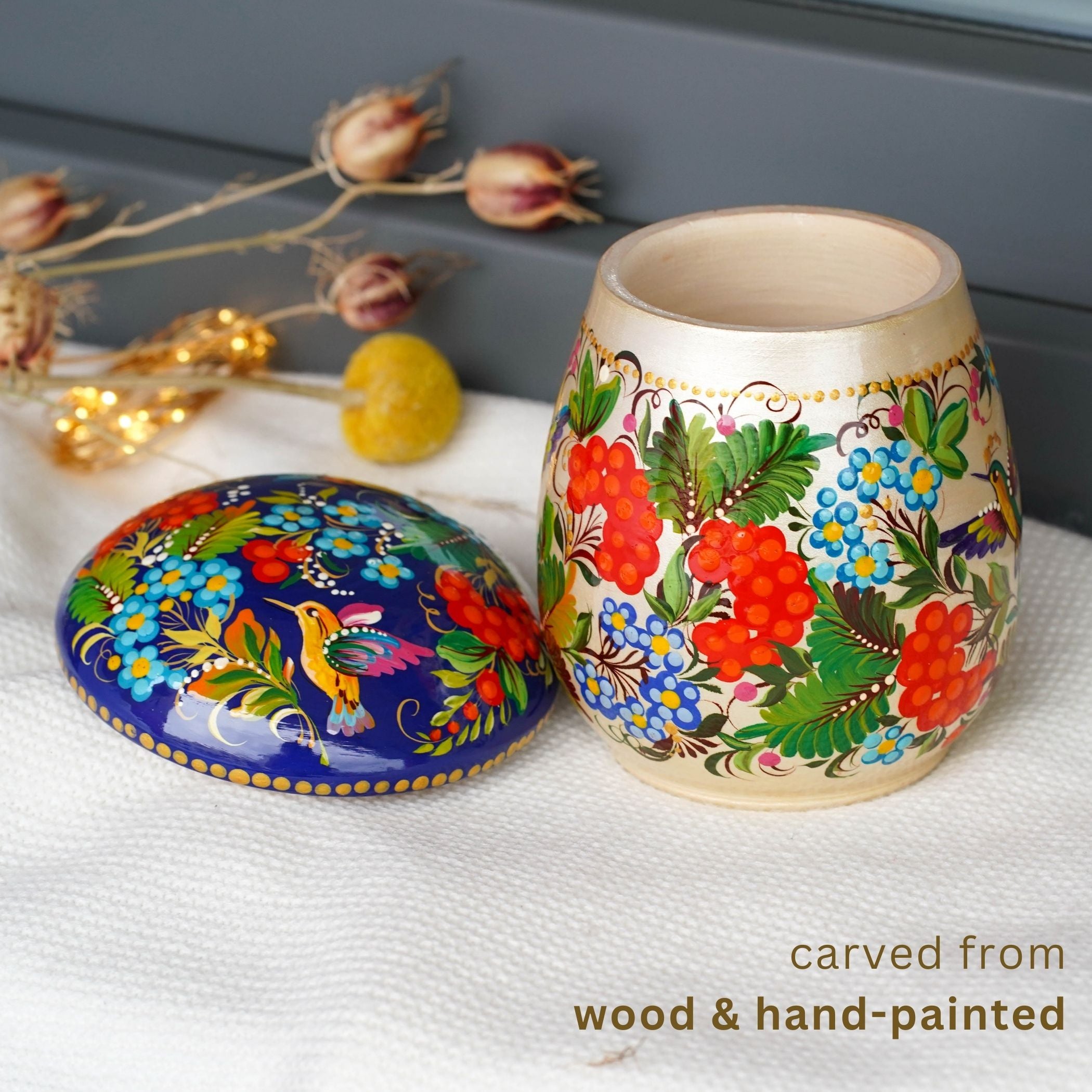 Painted Wooden Jar with Lid - Artisanal Mushroom-shaped Hummingbird Kitchen Canister, Petrykivka Art