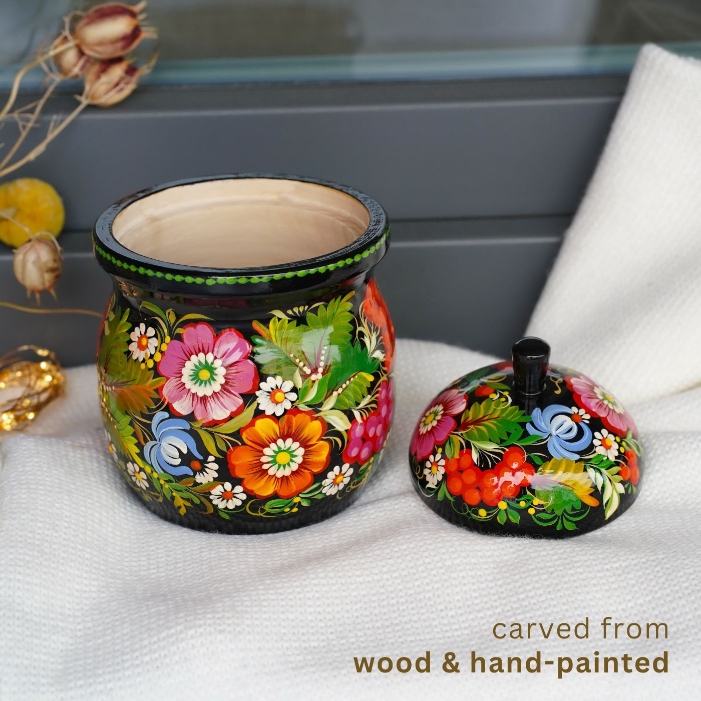 Painted Wooden Jar with Lid - Artisanal Red Flower Kitchen Canister, Petrykivka Art