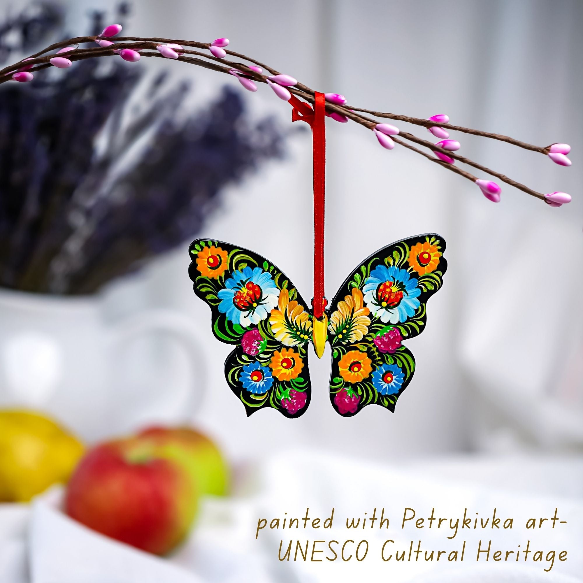 Personalized Hand-painted Wooden Butterfly Christmas Ornament with Petrykivka Art