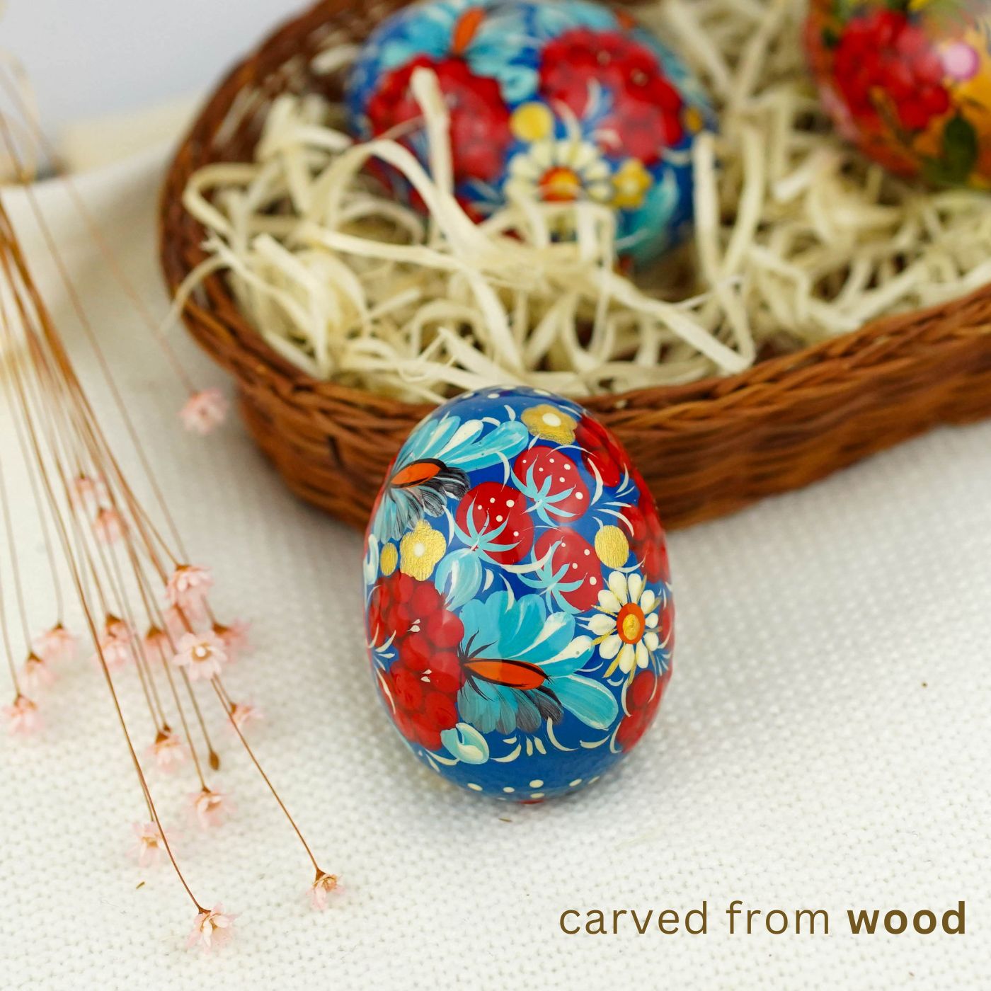 Hand-painted wooden Strawberry Easter egg - Petrykivka art egg