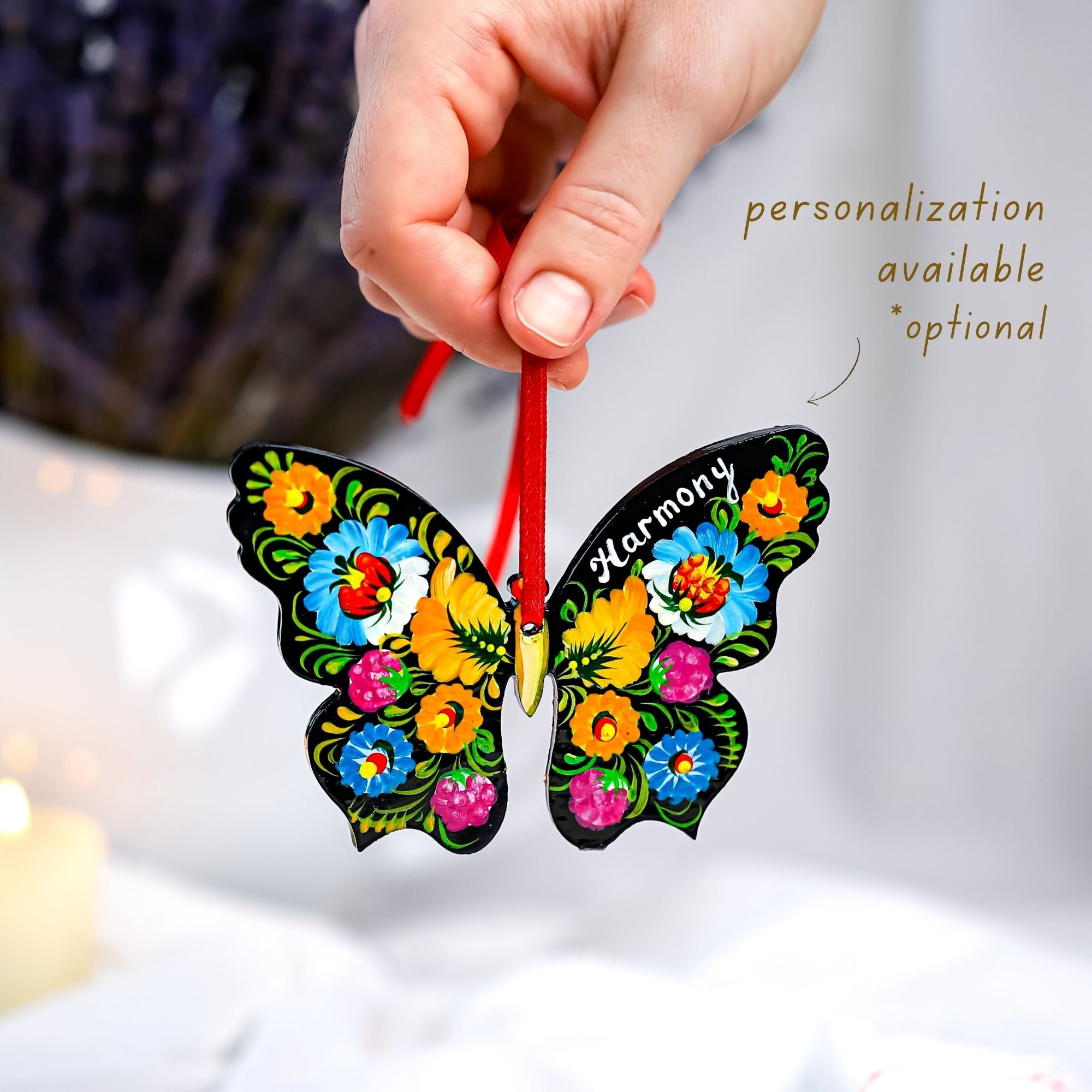 Personalized Hand-painted Wooden Butterfly Christmas Ornament with Petrykivka Art