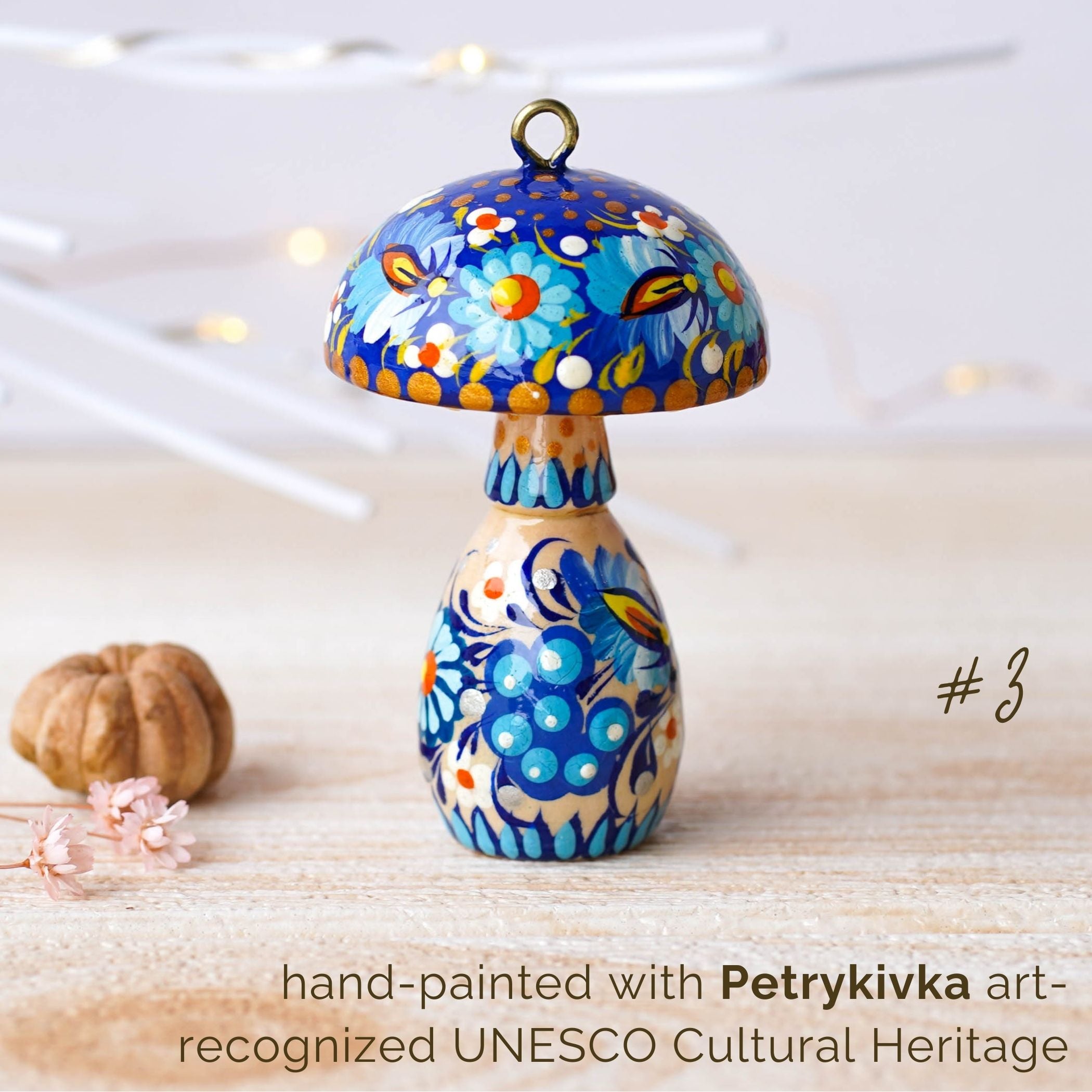 Hand-painted Wooden Mushroom Christmas Ornament - Artisanal Christmas Tree Decoration, Petrykivka Art