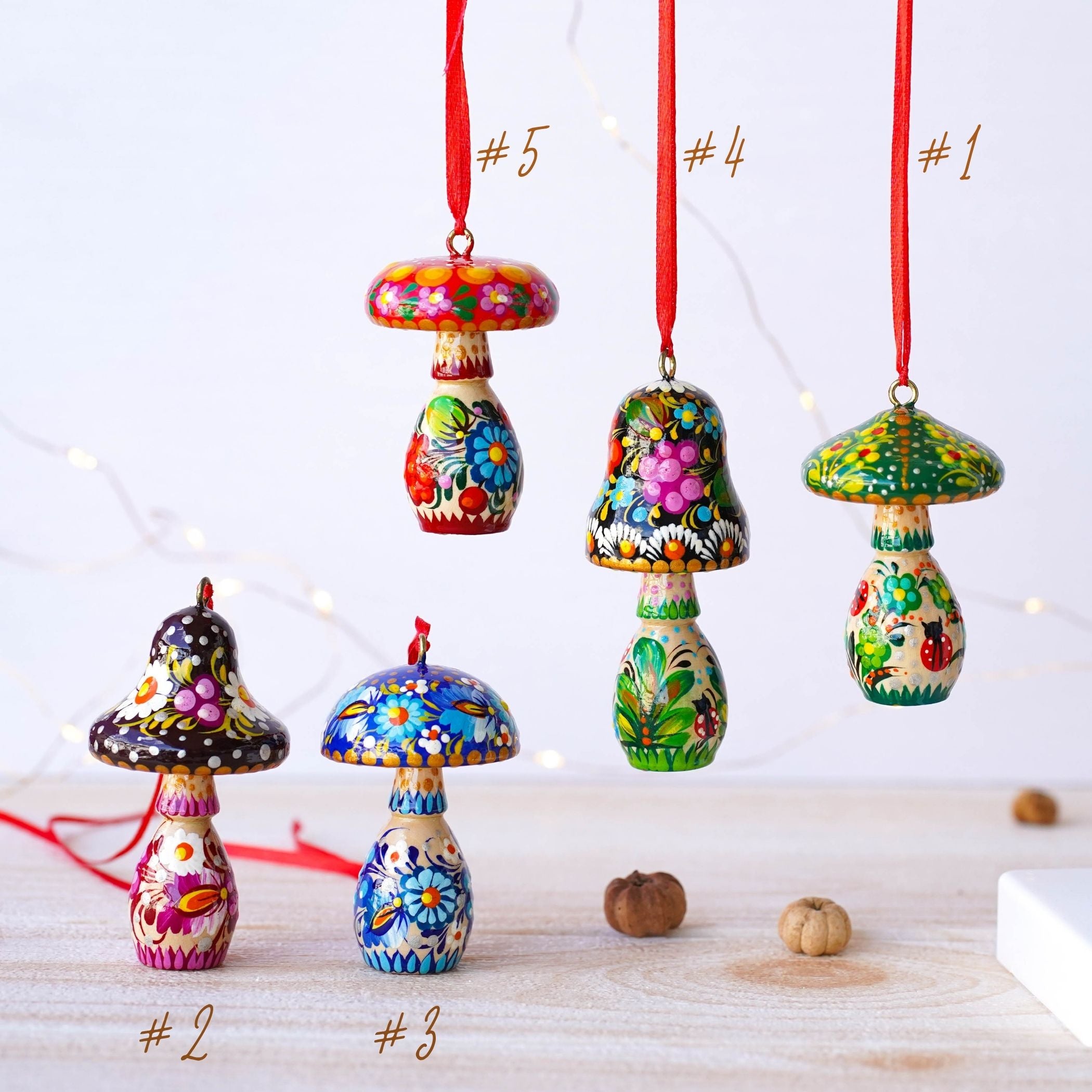 Hand-painted Wooden Mushroom Christmas Ornament - Artisanal Christmas Tree Decoration, Petrykivka Art