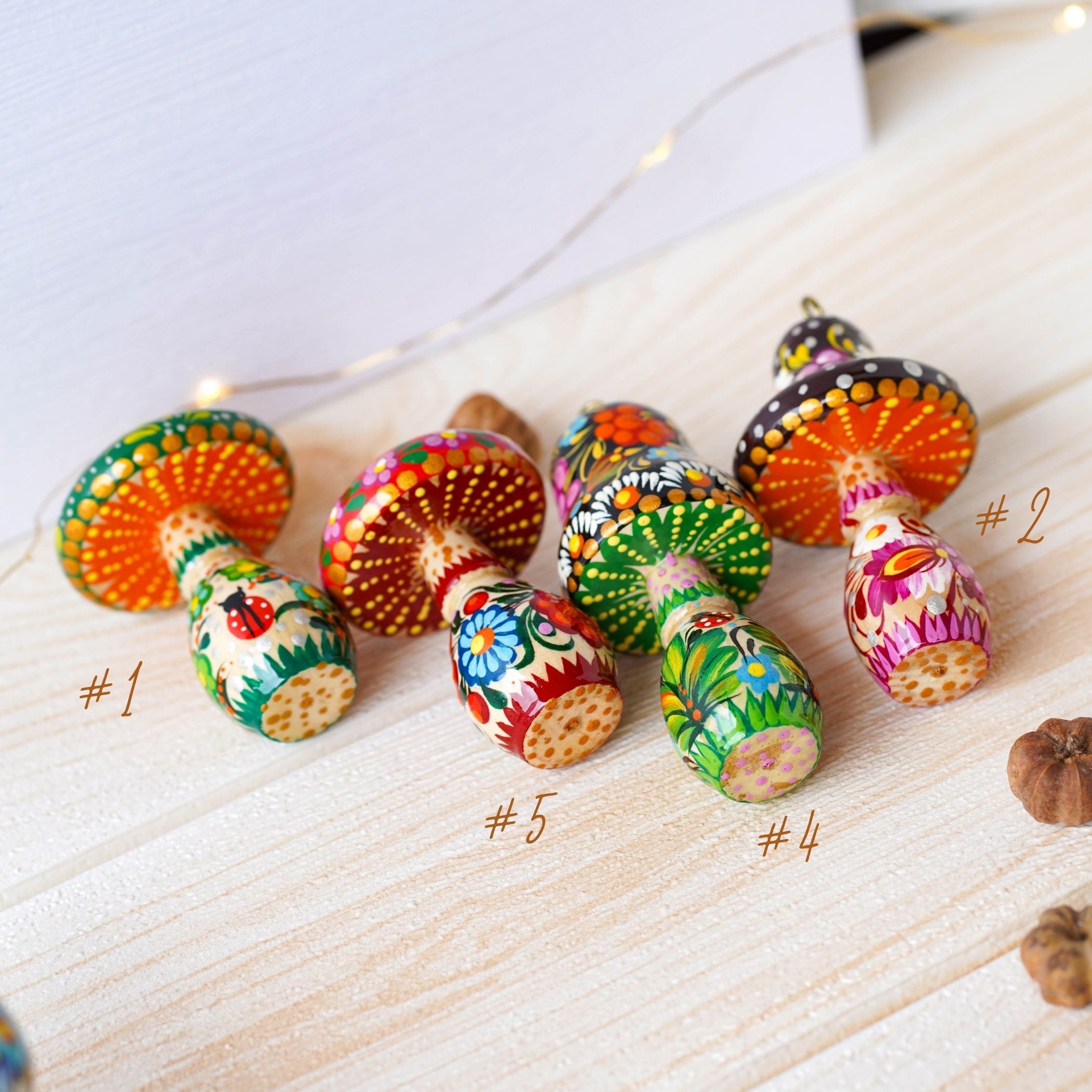 Hand-painted Wooden Mushroom Christmas Ornament - Artisanal Christmas Tree Decoration, Petrykivka Art