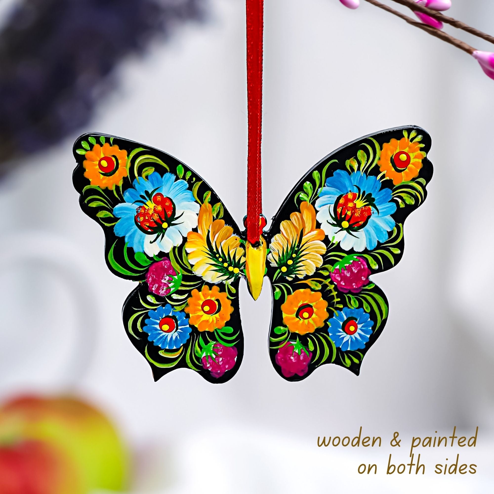 Personalized Hand-painted Wooden Butterfly Christmas Ornament with Petrykivka Art