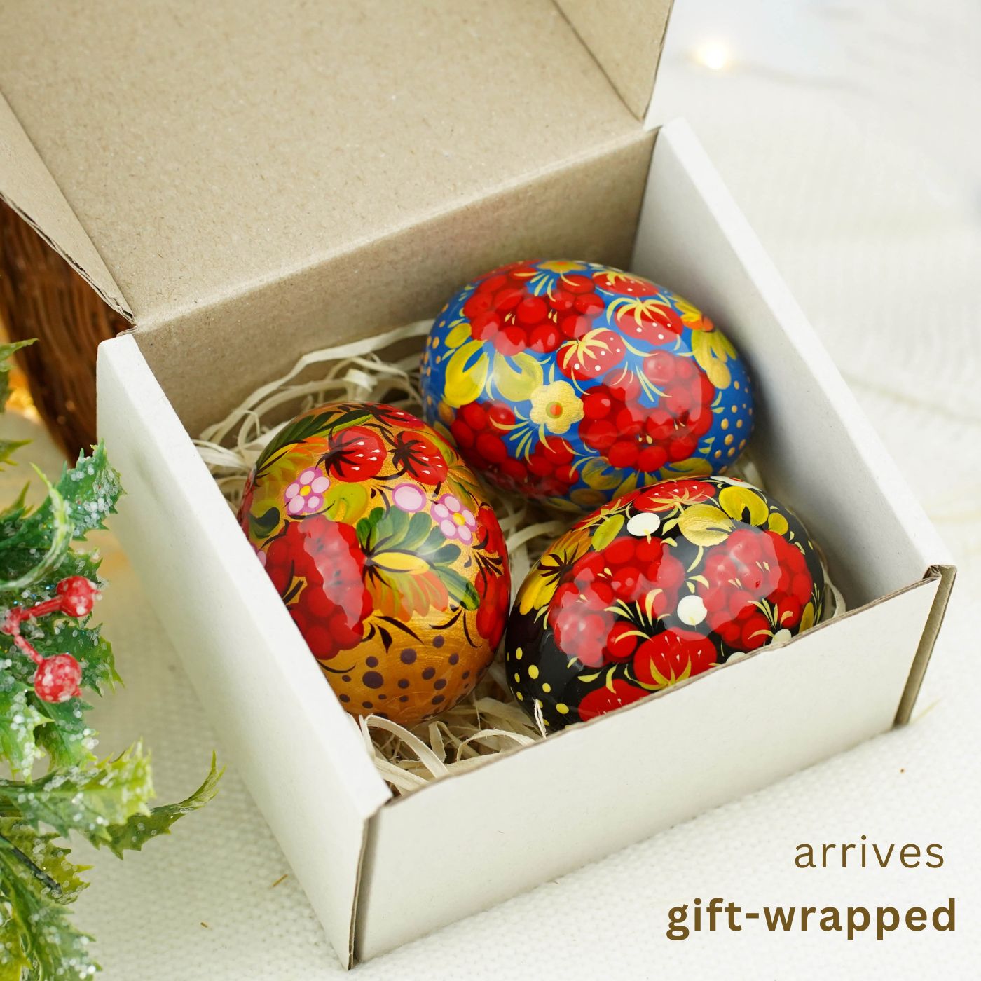 Hand-painted wooden Strawberry Easter egg