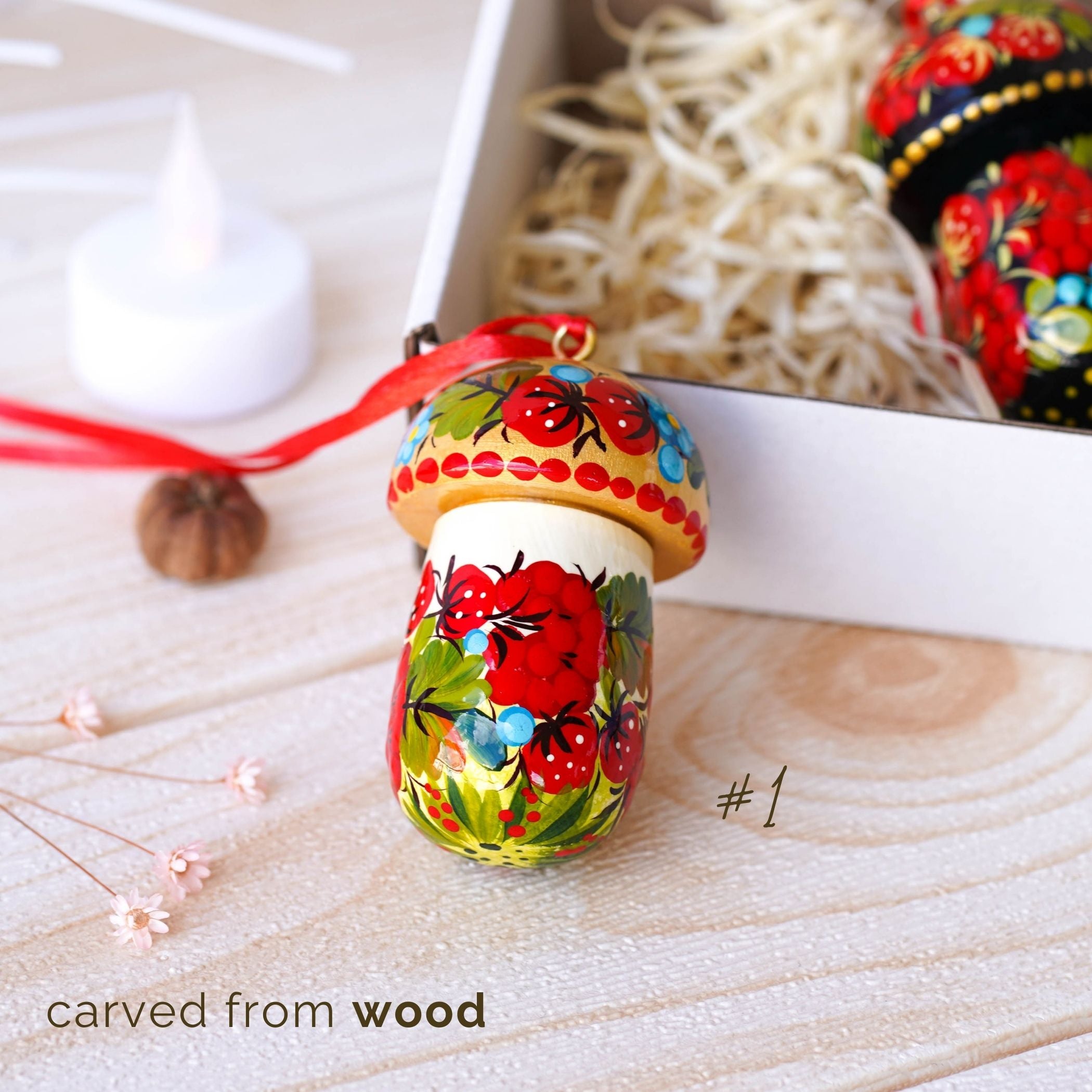 Hand-painted Fillable Wooden Mushroom Christmas Ornament - Artisanal Christmas Tree Decoration, Petrykivka Art