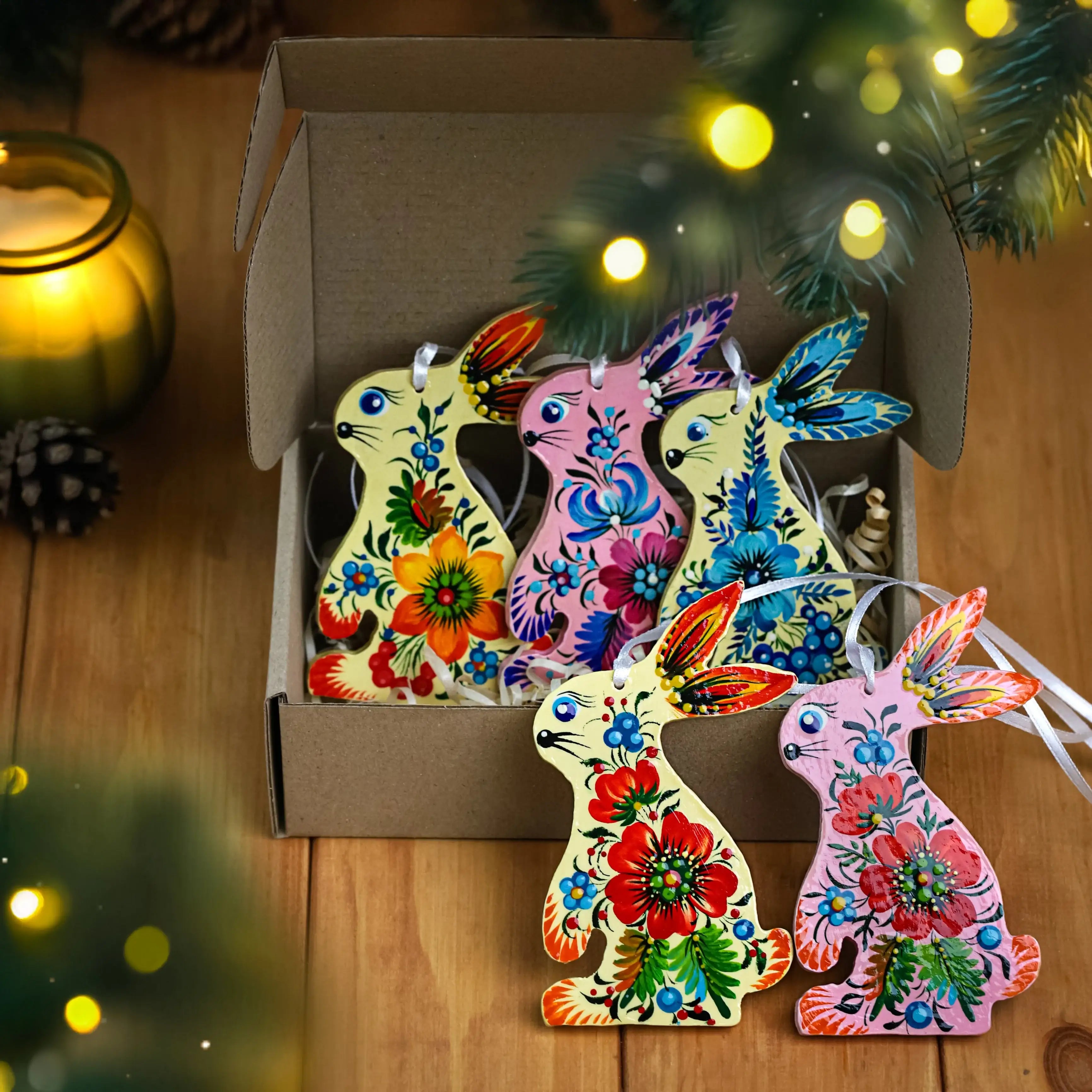 Set of 5 Painted Wooden Bunny Christmas Ornaments
