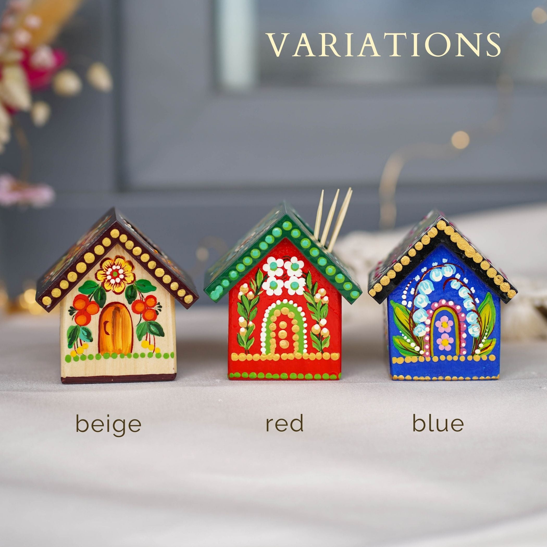 Handmade Wooden Personalized House-shaped Toothpick Holder - Petrykivka Art Painted Christmas Table Decor