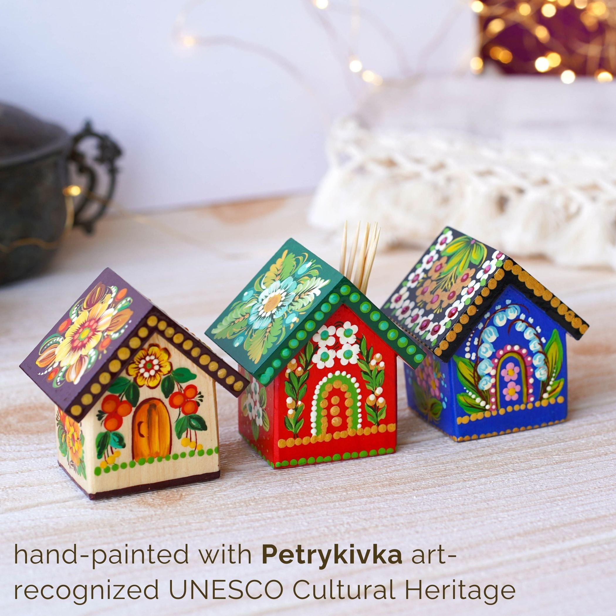 Handmade Wooden Personalized House-shaped Toothpick Holder - Petrykivka Art Painted Christmas Table Decor