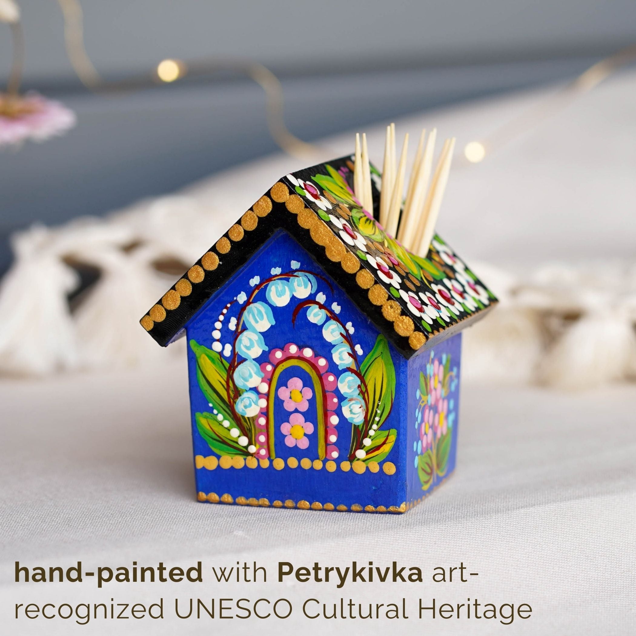 Handmade Wooden Personalized House-shaped Toothpick Holder - Petrykivka Art Blue Lily of the Valley Painted Table Decor