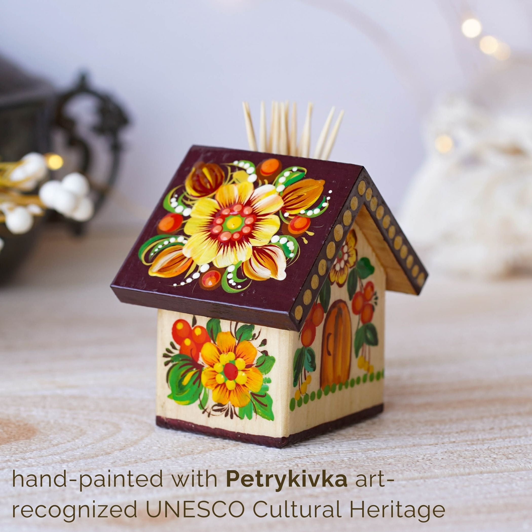 Handmade Wooden Personalized House-shaped Toothpick Holder - Petrykivka Art Ornage & Brown Painted Table Decor