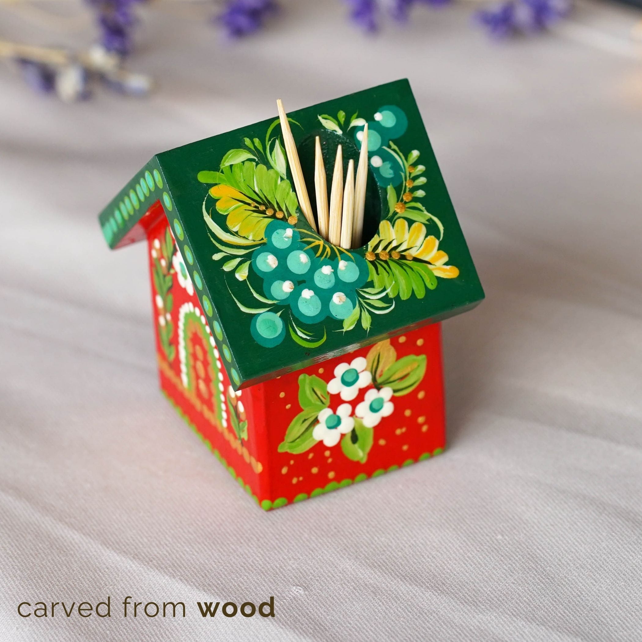 Handmade Wooden Personalized House-shaped Toothpick Holder - Petrykivka Art Painted Christmas Table Decor