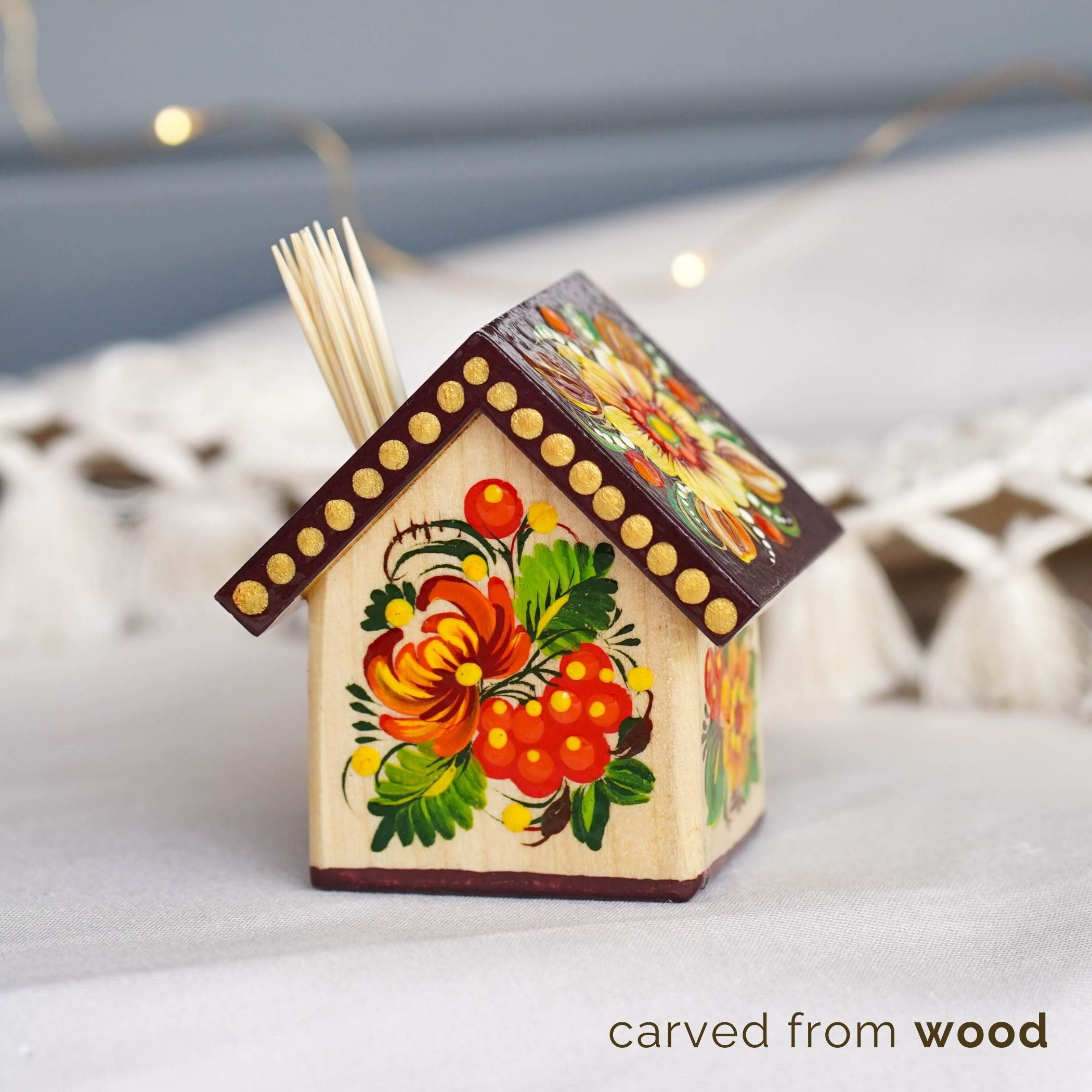 Handmade Wooden Personalized House-shaped Toothpick Holder - Petrykivka Art Ornage & Brown Painted Table Decor