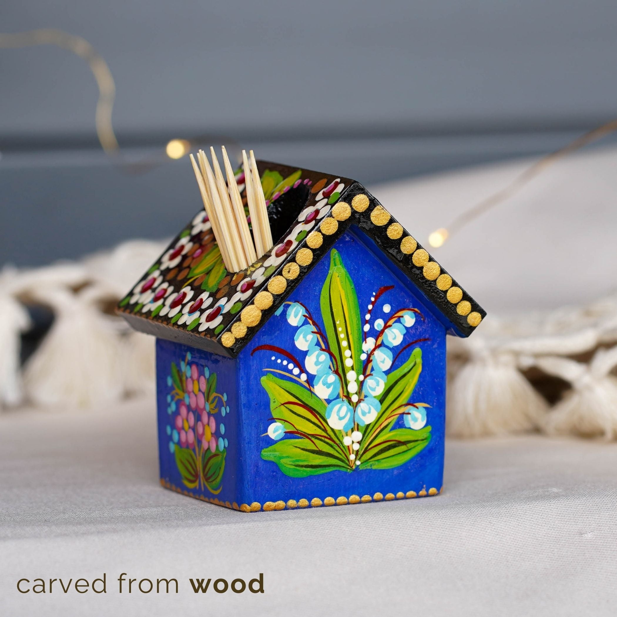 Handmade Wooden Personalized House-shaped Toothpick Holder - Petrykivka Art Blue Lily of the Valley Painted Table Decor