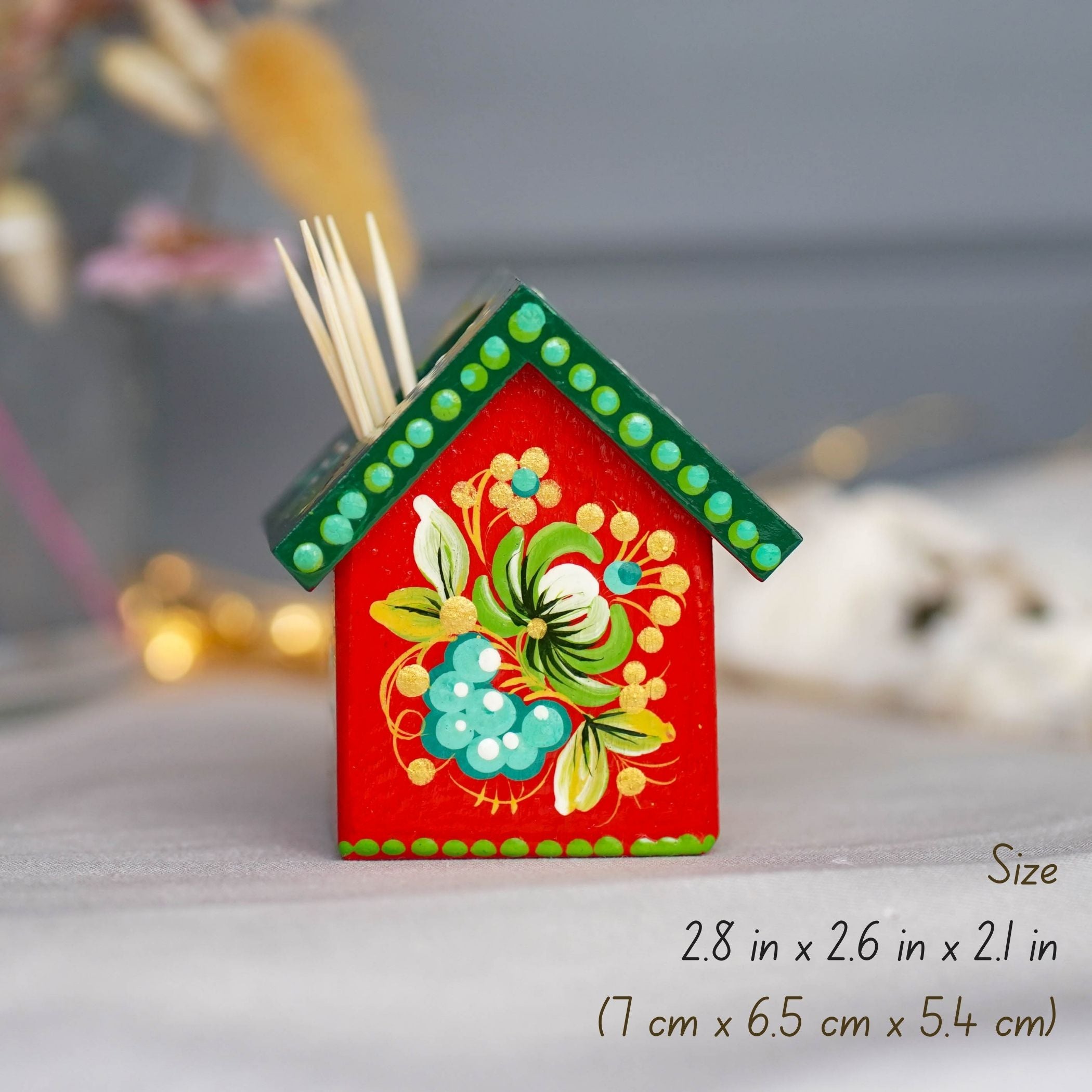 Handmade Wooden Personalized House-shaped Toothpick Holder - Petrykivka Art Painted Christmas Table Decor