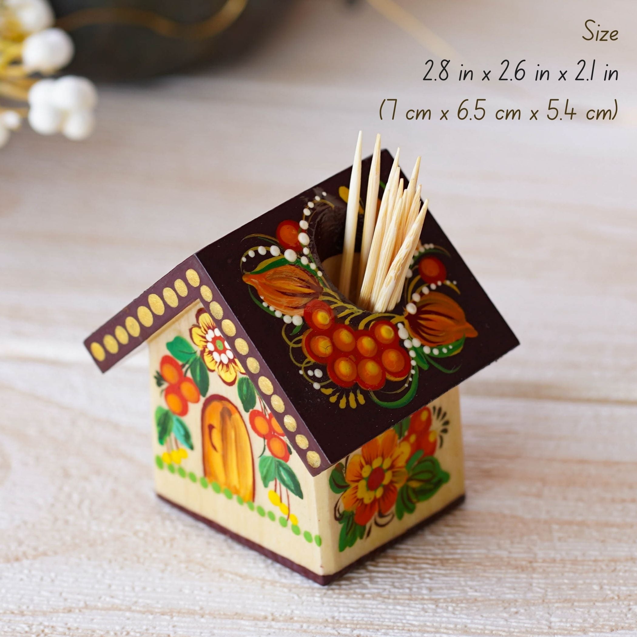 Handmade Wooden Personalized House-shaped Toothpick Holder - Petrykivka Art Ornage & Brown Painted Table Decor