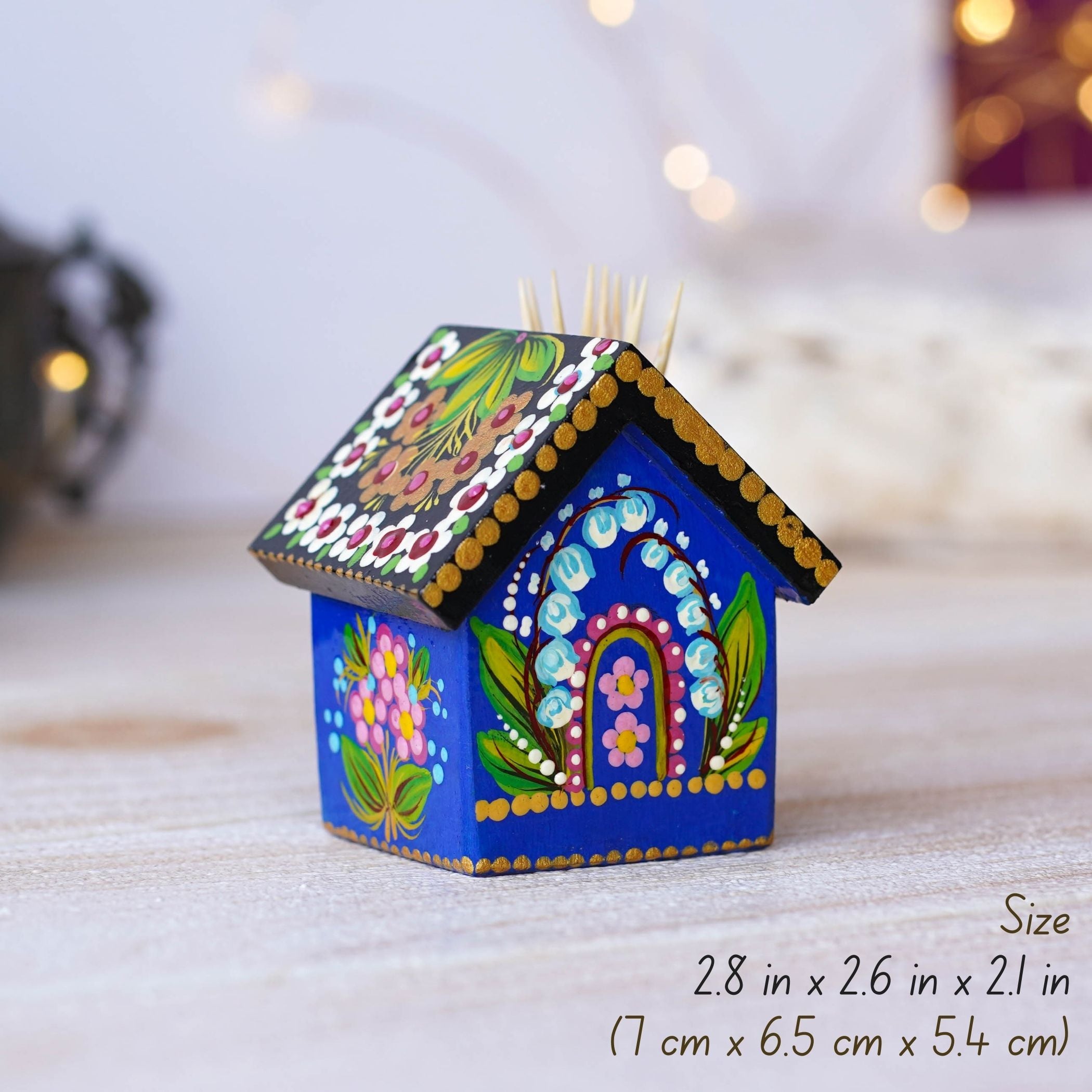 Handmade Wooden Personalized House-shaped Toothpick Holder - Petrykivka Art Blue Lily of the Valley Painted Table Decor