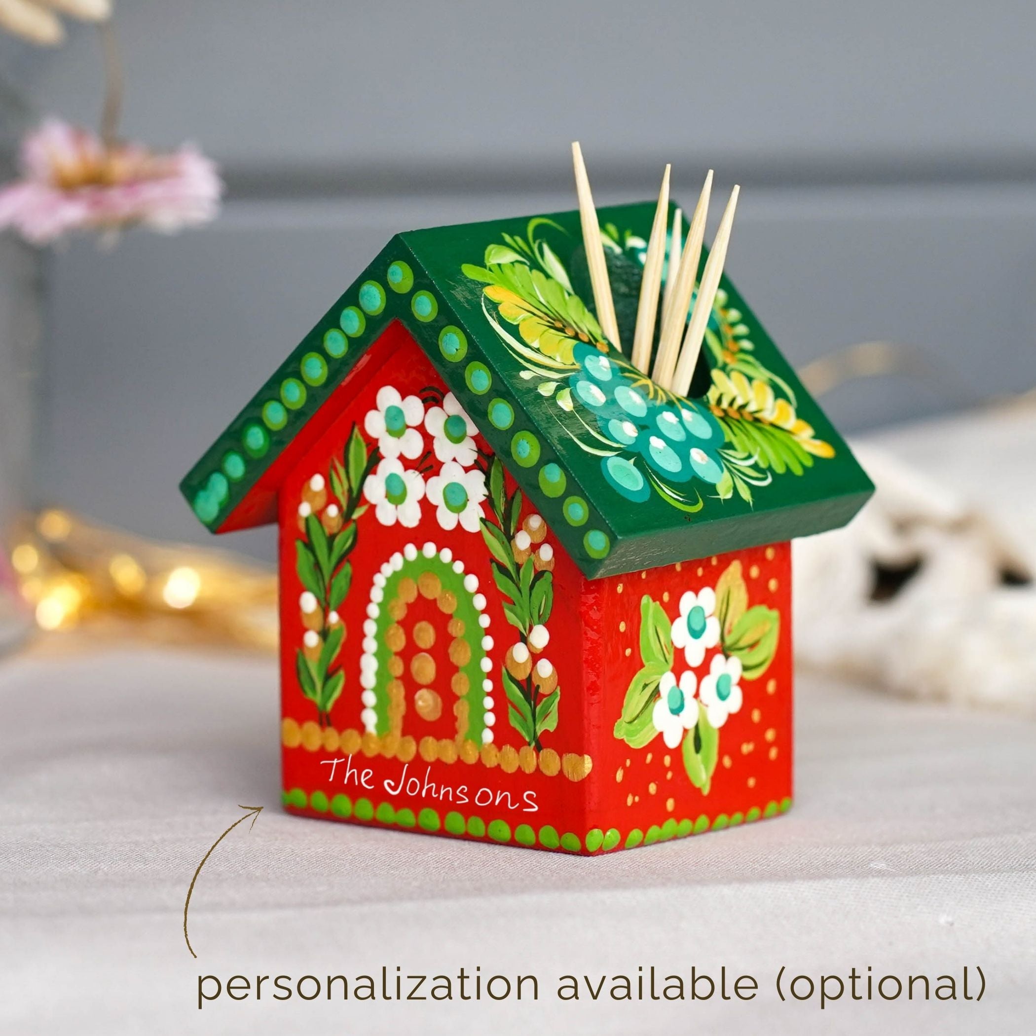 Handmade Wooden Personalized House-shaped Toothpick Holder - Petrykivka Art Painted Christmas Table Decor