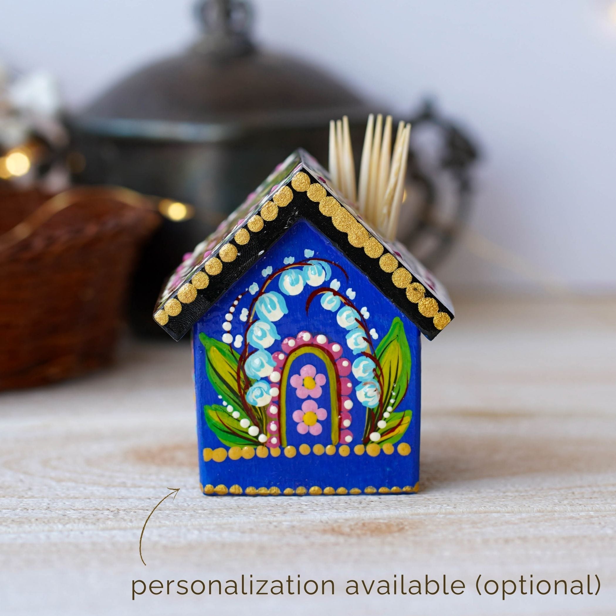 Handmade Wooden Personalized House-shaped Toothpick Holder - Petrykivka Art Blue Lily of the Valley Painted Table Decor