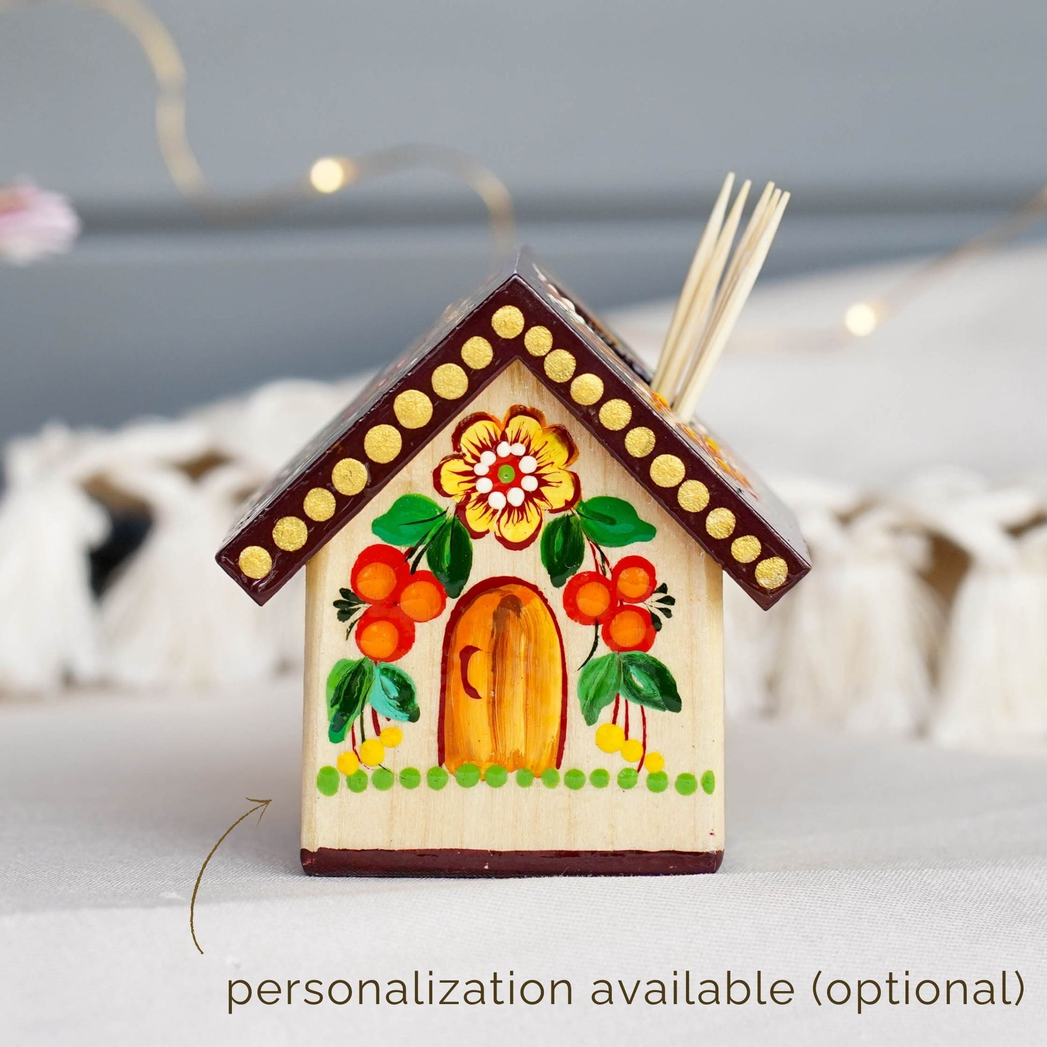 Handmade Wooden Personalized House-shaped Toothpick Holder - Petrykivka Art Ornage & Brown Painted Table Decor