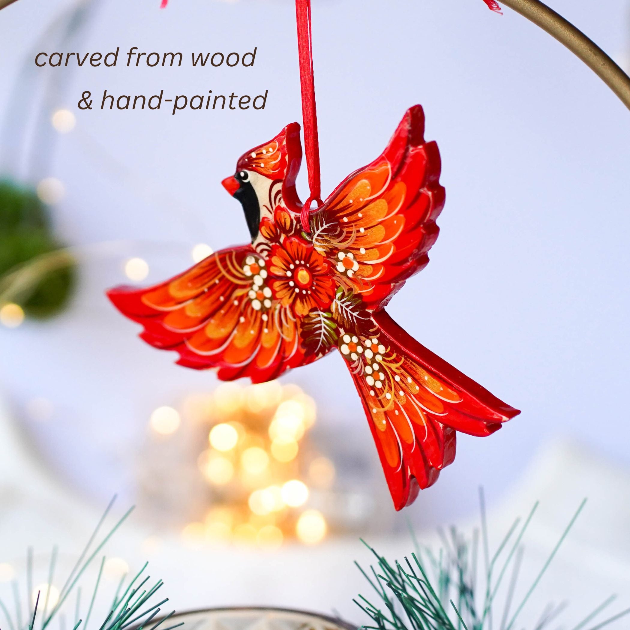 Handmade Wooden Cardinal Christmas Ornament - Artisanal Red Bird Christmas Tree Decoration, Petrykivka Art