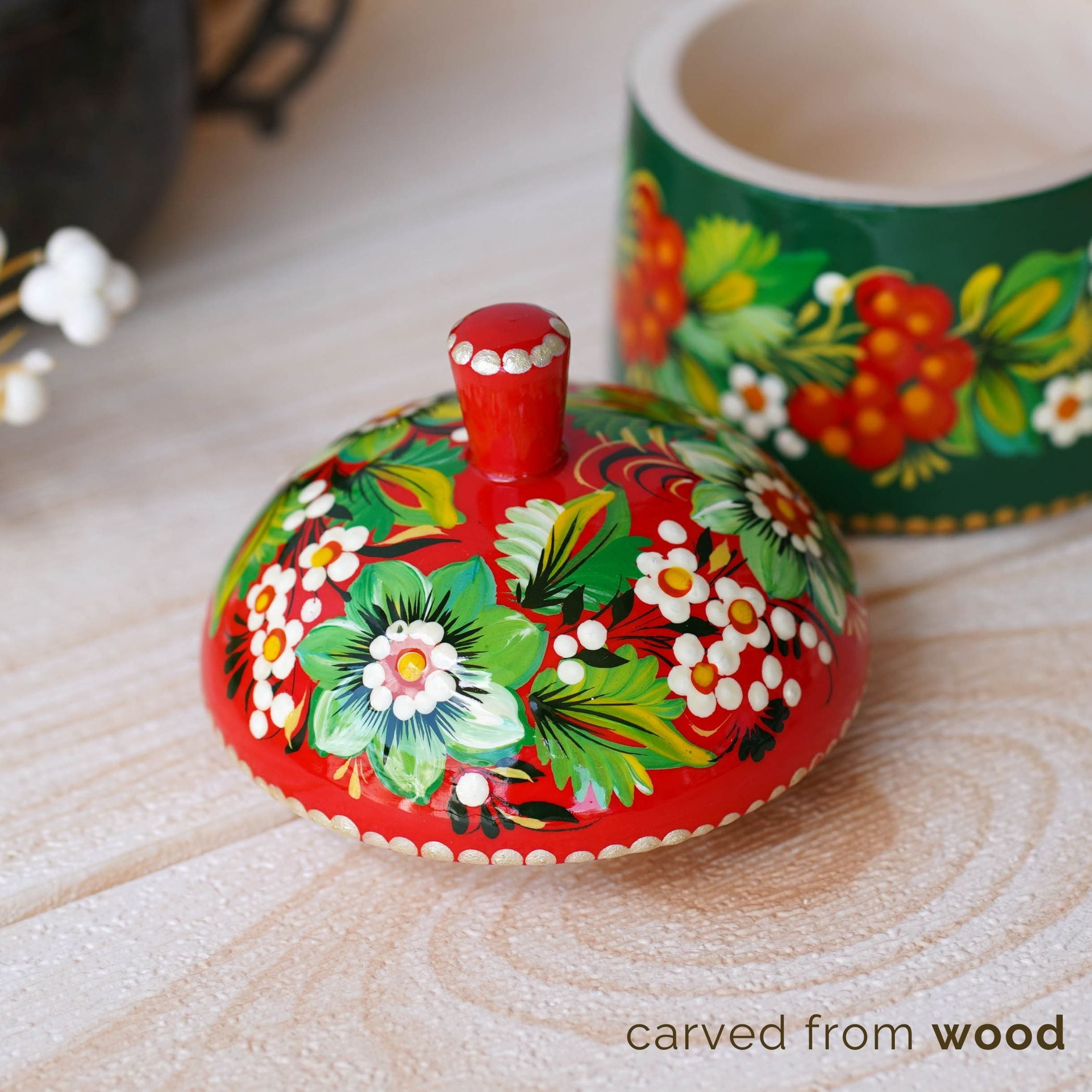 Handmade Painted Wooden Christmas Jewelry Box with Lid 3.9 in - Petrykivka Art, Green & Red Flower Small Keepsake Box