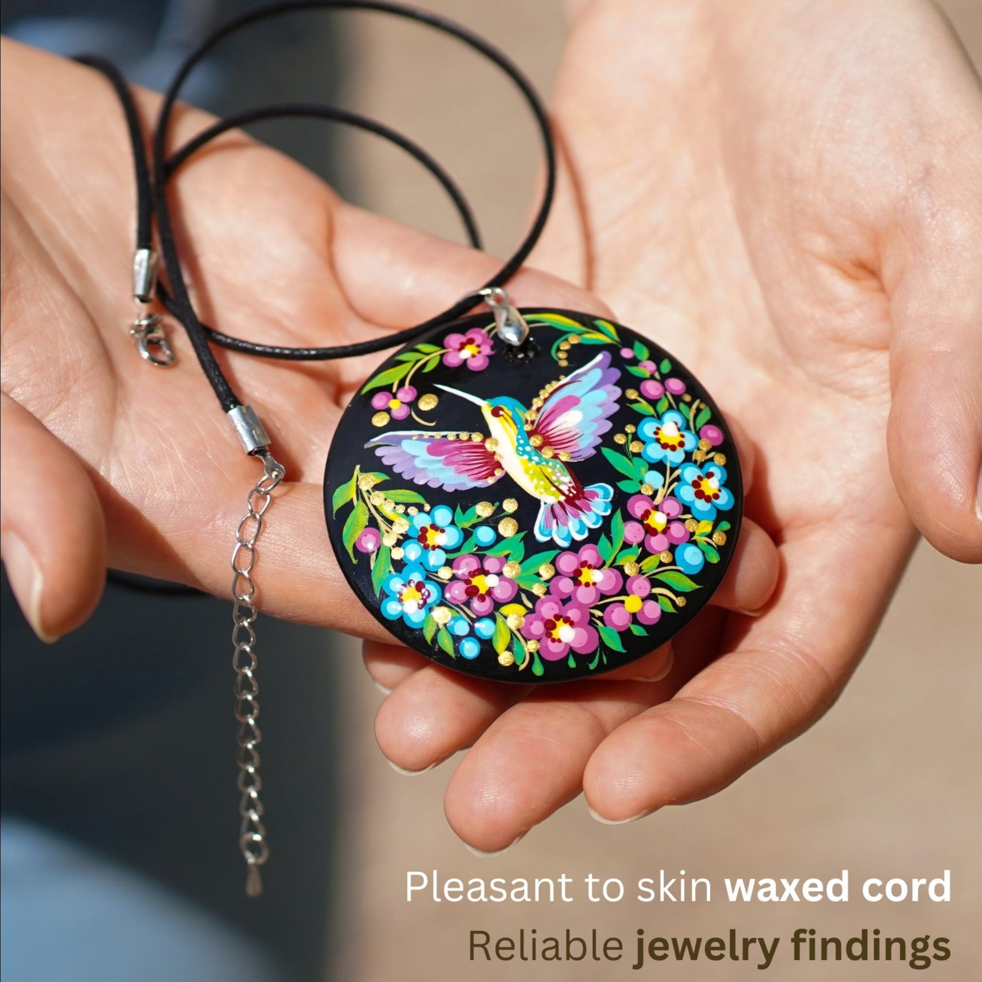 Painted Wooden Hummingbird Pendant Necklace - Artisanal Large Circle Statement Necklace