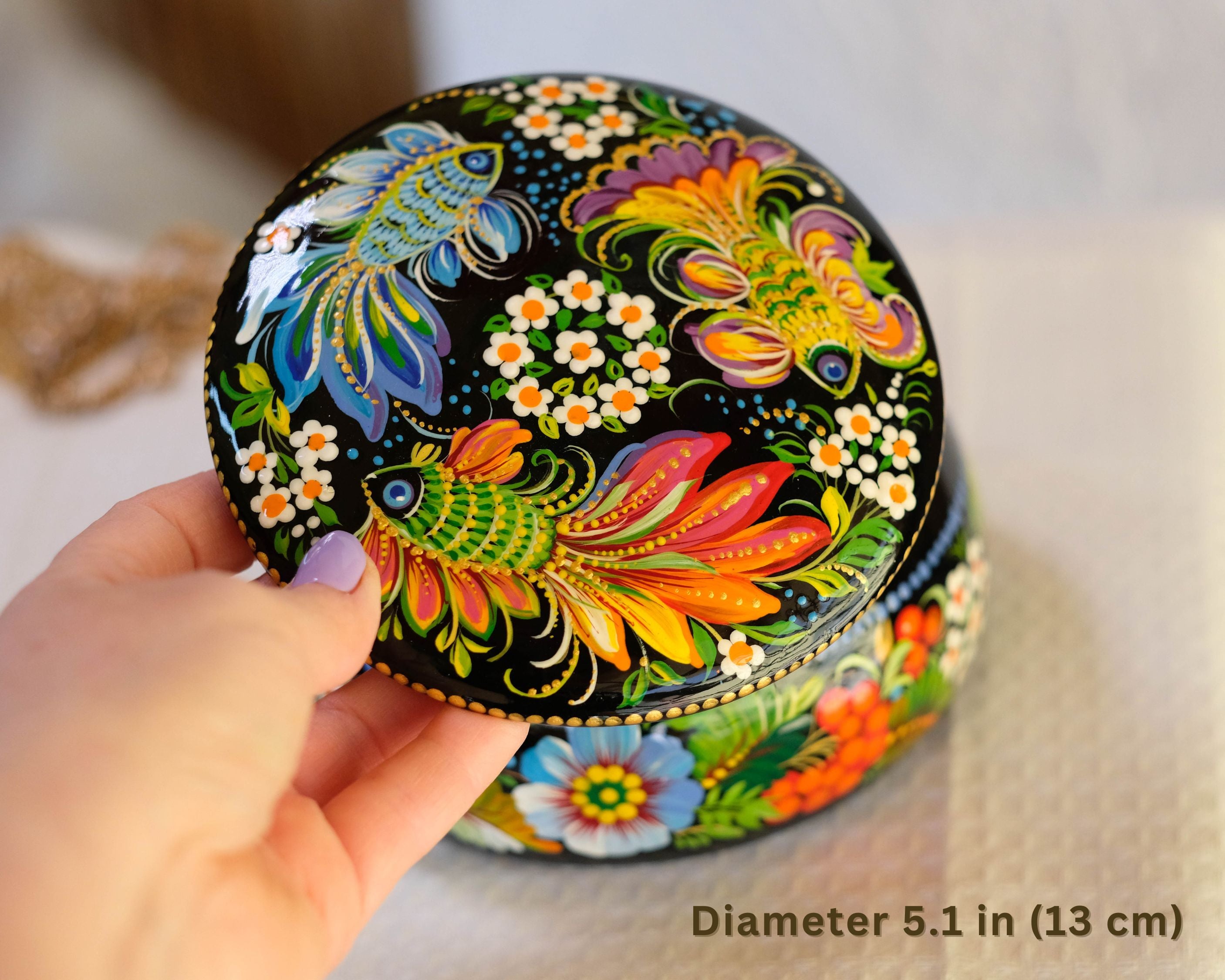 Hand-painted Wooden Jewelry Box - 5.1 in Petrykivka Art, Round Fairy Fish Trinket Box, Woodworking Jewelry Box