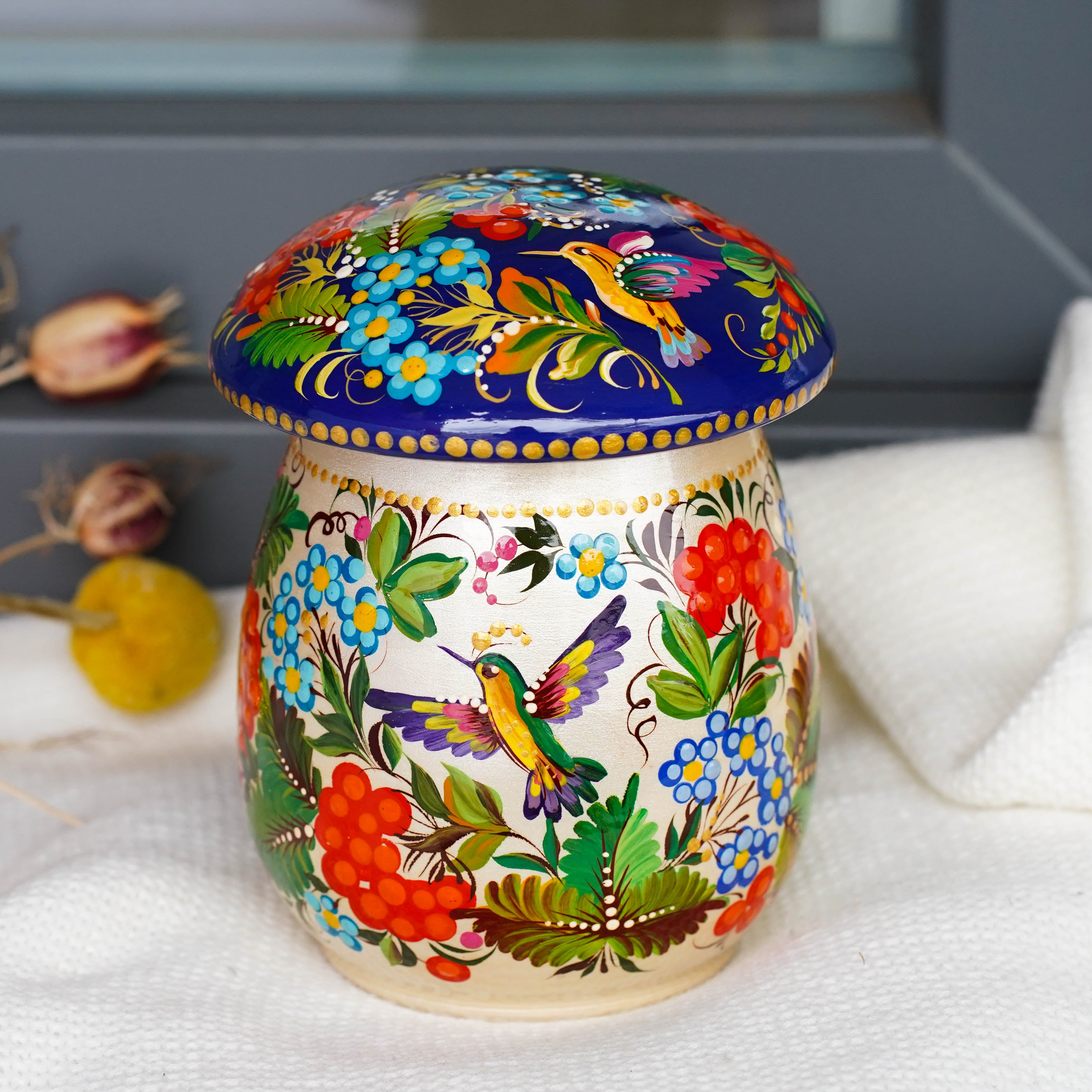 Painted Wooden Hummingbird Jewelry Box 5.1 in, Mushroom-shaped - Petrykivka Art Bird Flower Trinket Box