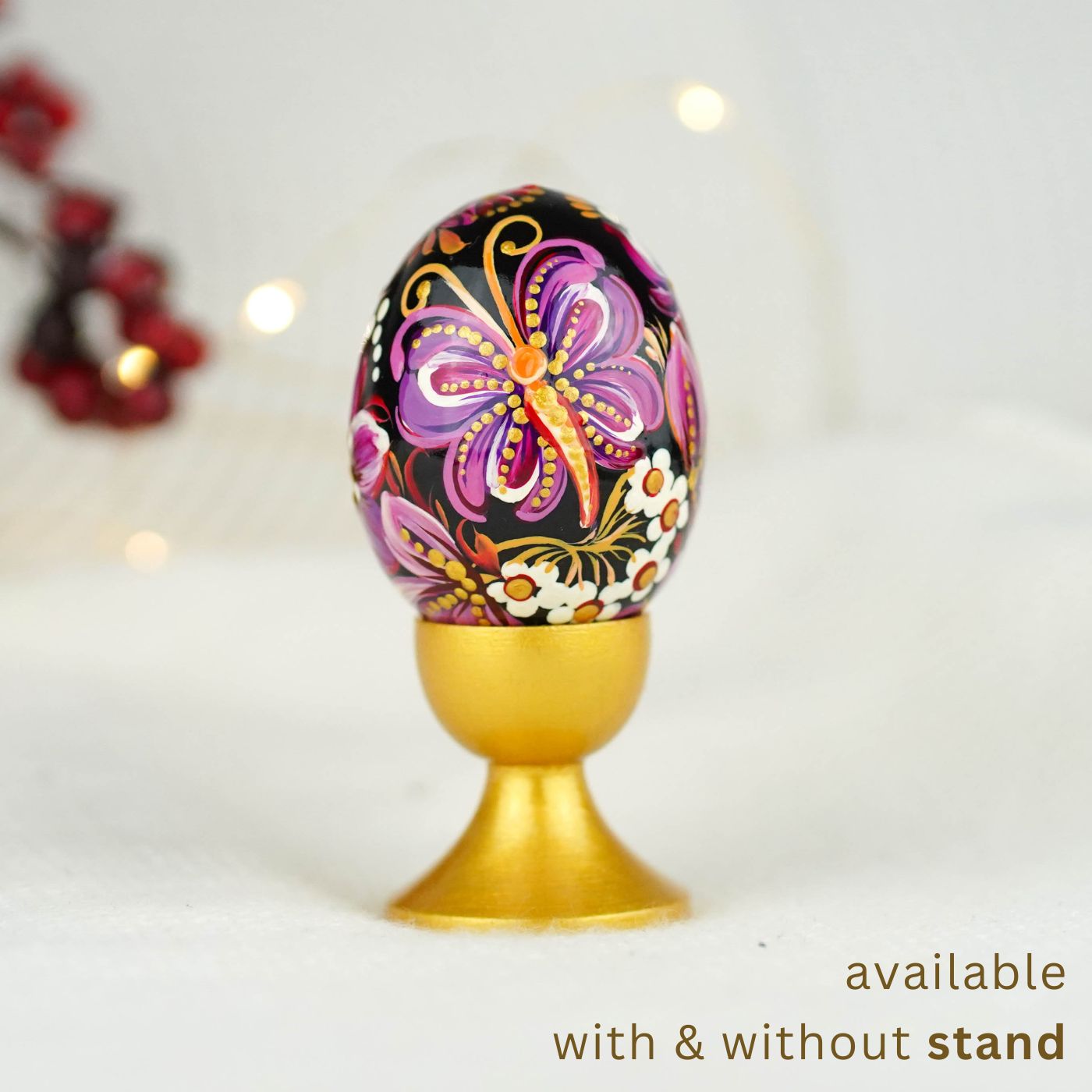 Hand-painted purple butterfly Easter egg carved from wood