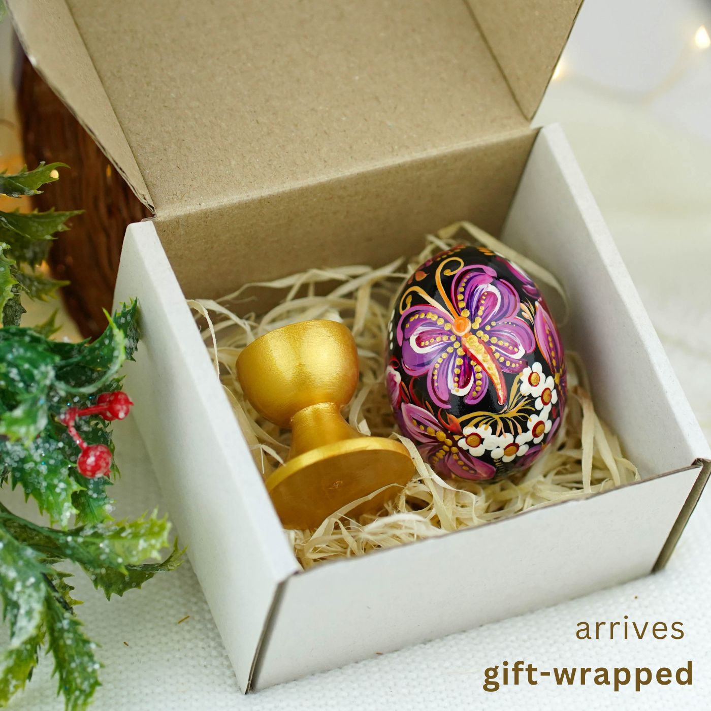 Hand-painted purple butterfly Easter egg carved from wood