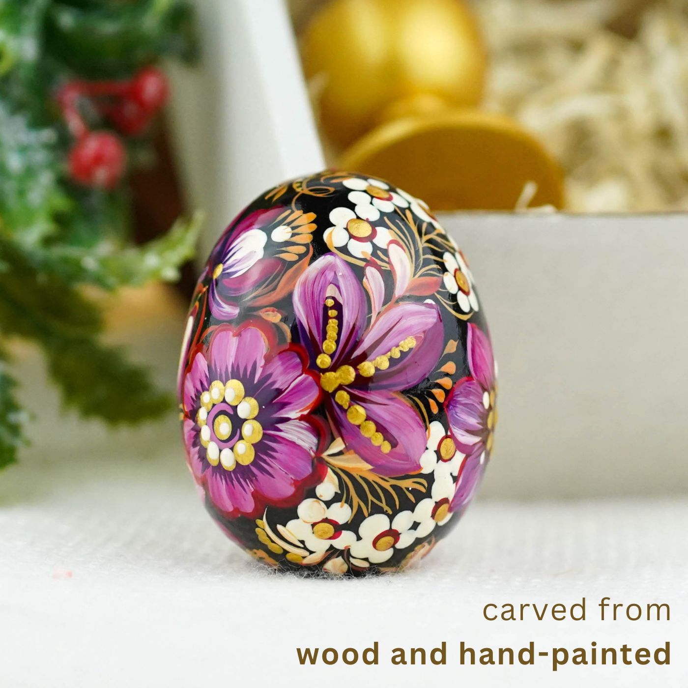 Hand-painted purple butterfly Easter egg carved from wood