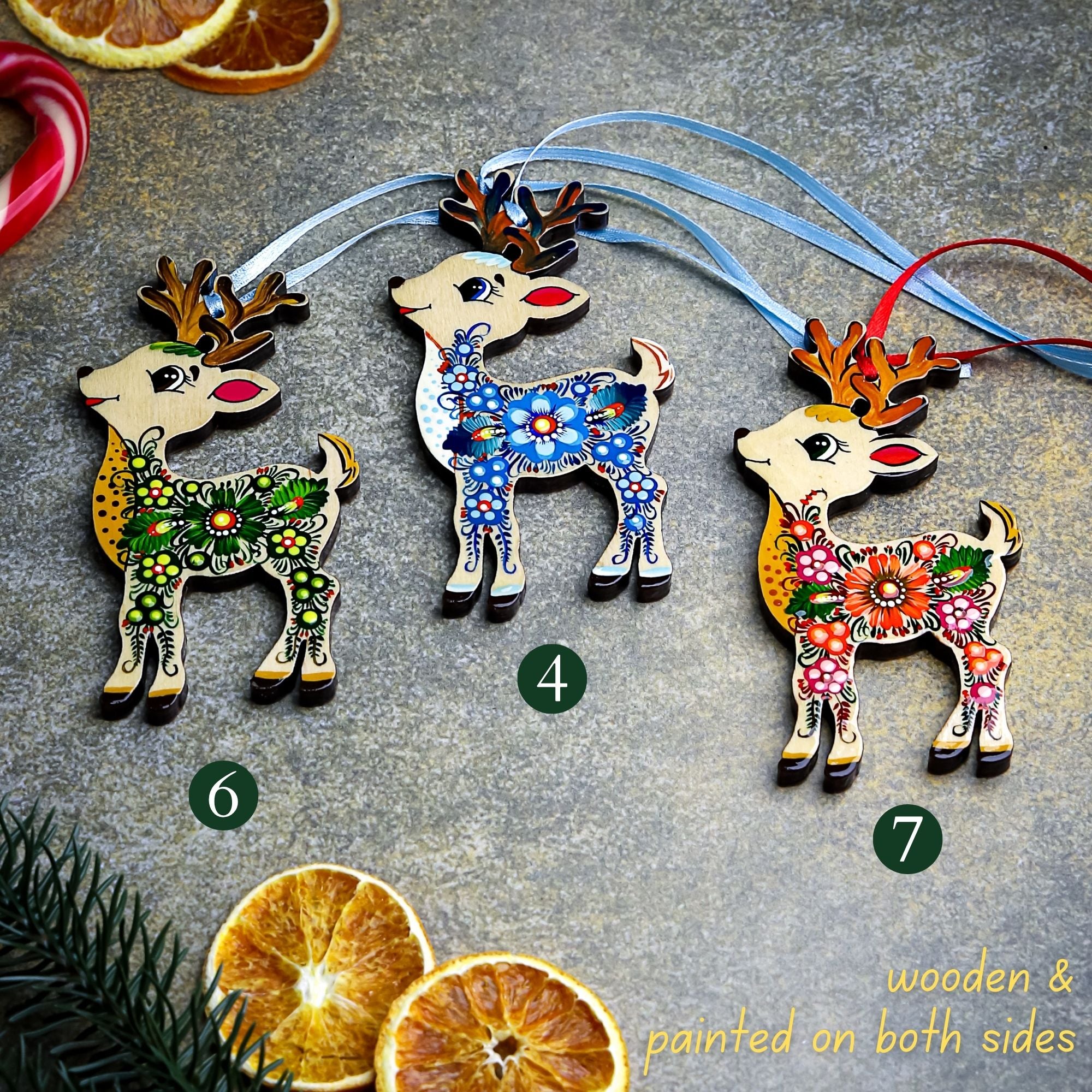 Hand-painted Wooden Deer Christmas Ornament with Petrykivka Art