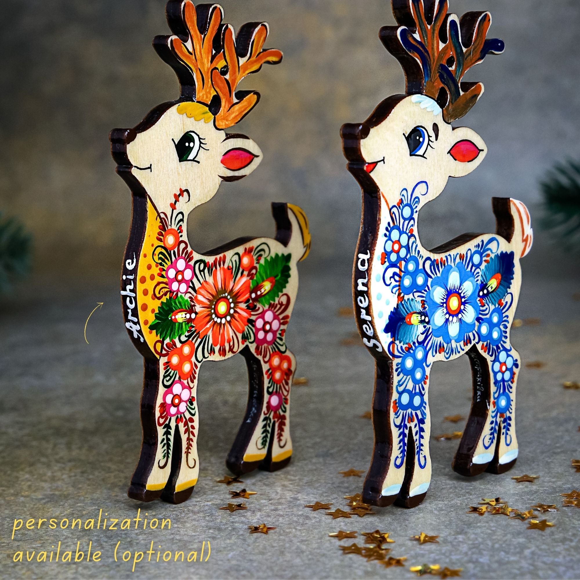Hand-painted Wooden Deer Christmas Ornament with Petrykivka Art