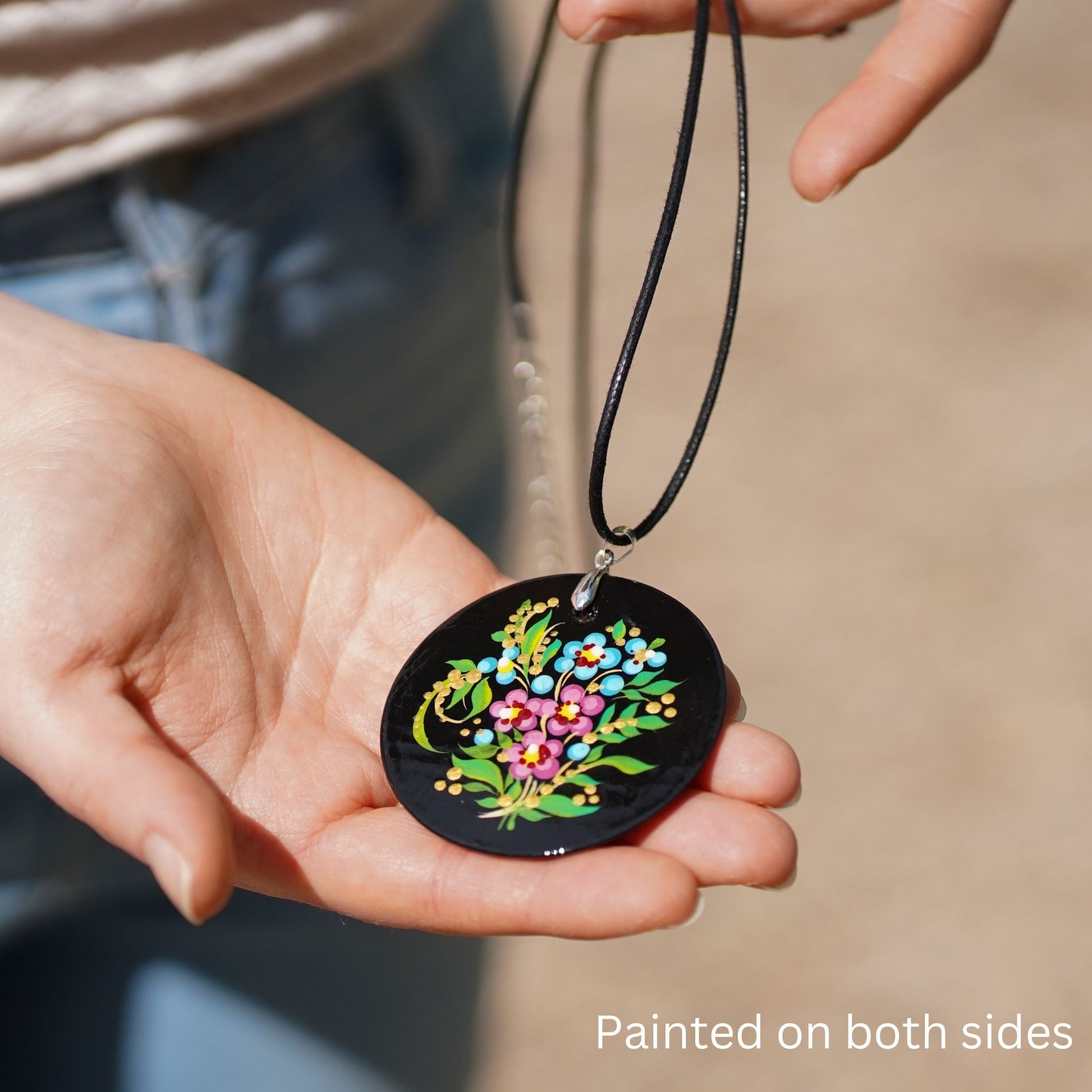 Painted Wooden Hummingbird Pendant Necklace - Artisanal Large Circle Statement Necklace