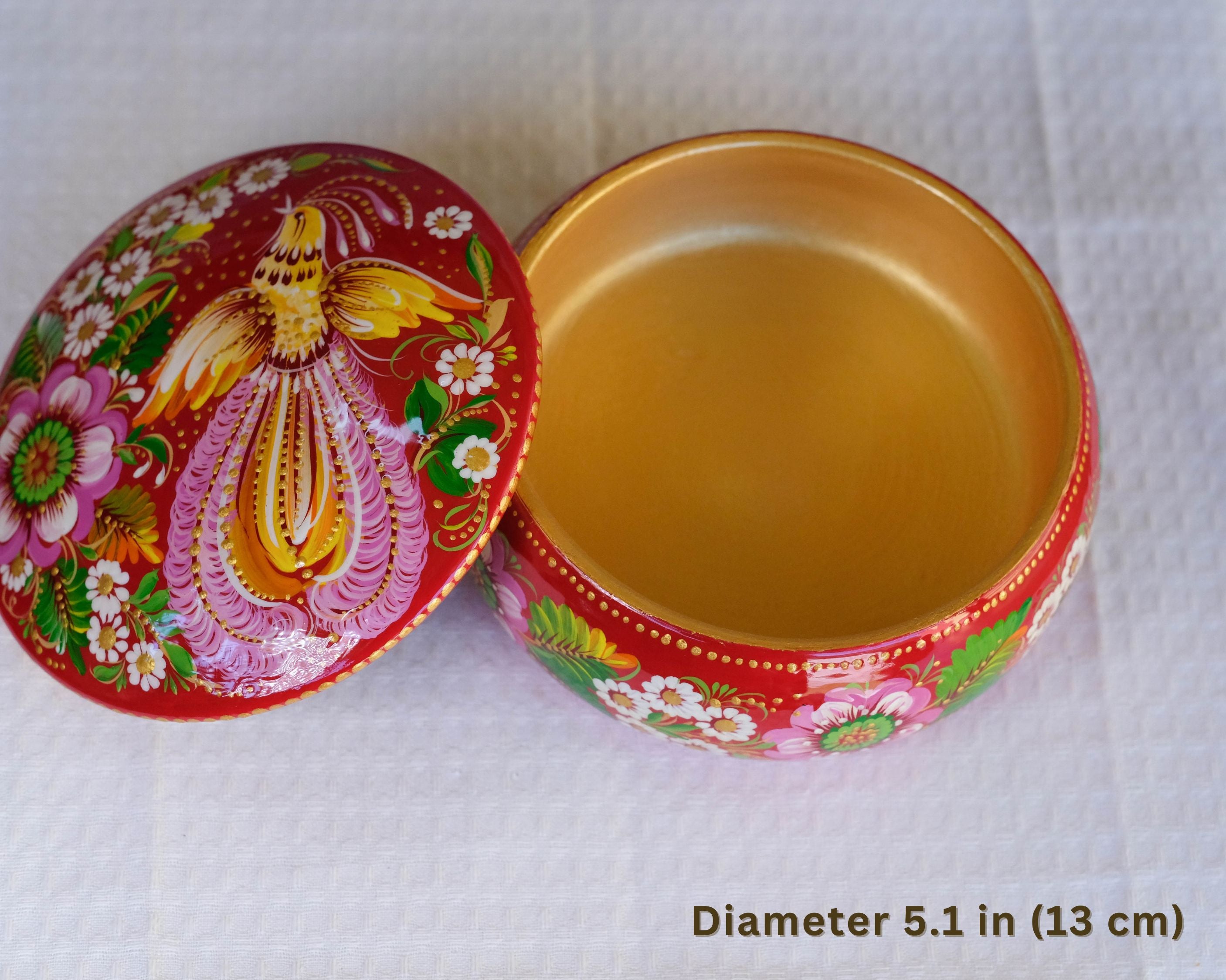 Hand-painted Wooden Jewelry Box - 5.1 in Petrykivka Art, Round Red Flower Trinket Box with Fairy Bird